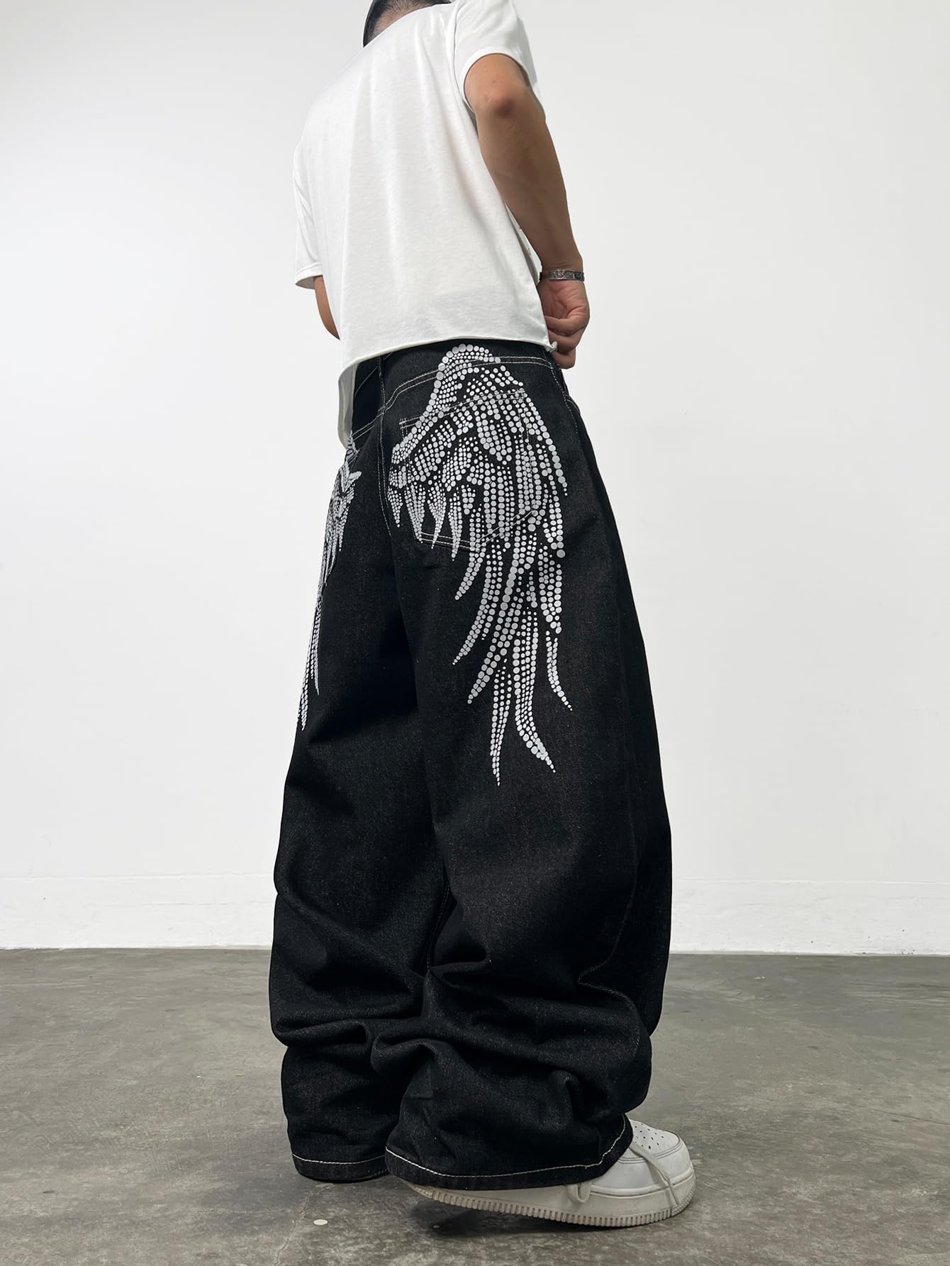 Jeans da uomo larghi a gamba larga con stampa ali d'angelo pantaloni in denim Y2K Hip Hop Streetwear pantaloni casual