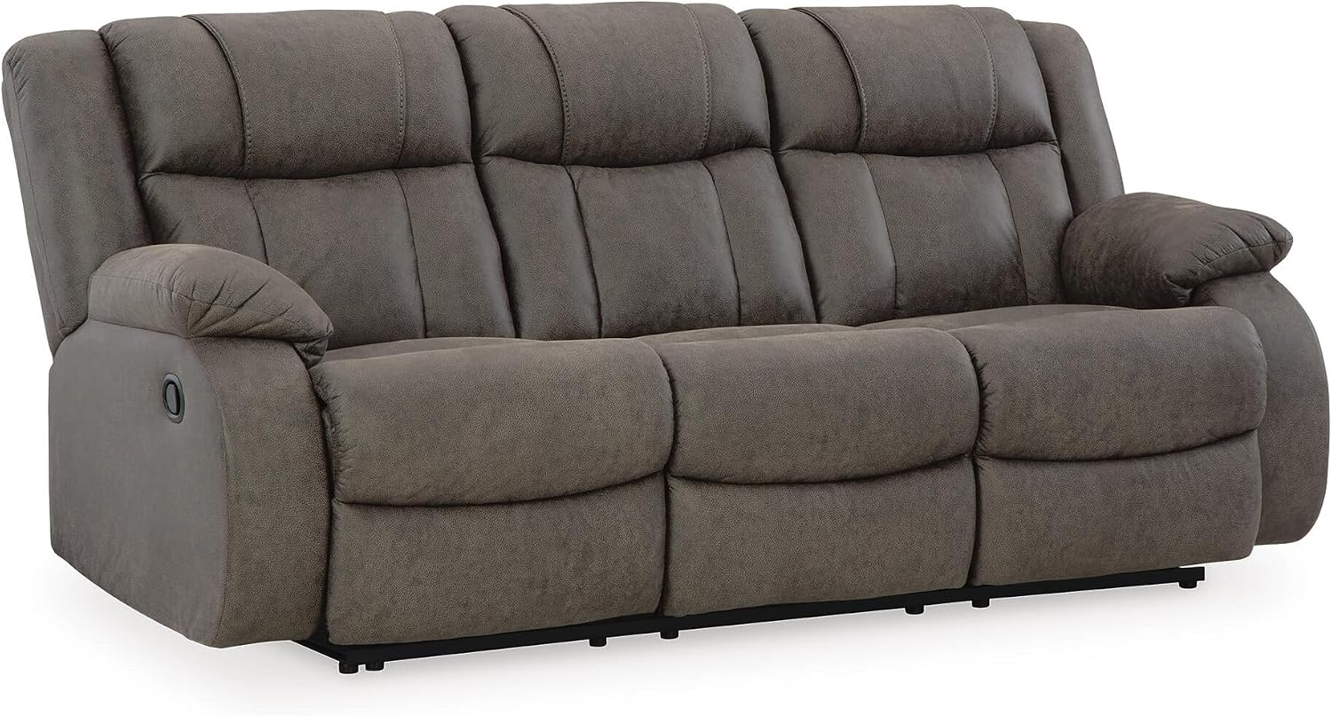 Signature Design by Ashley Manual Reclining Sofa Couch, First Base, Gray | Space-saving 3-in wall distance, Easy-to-clean gunmetal faux leather upholstery, Dual manual outer recliners