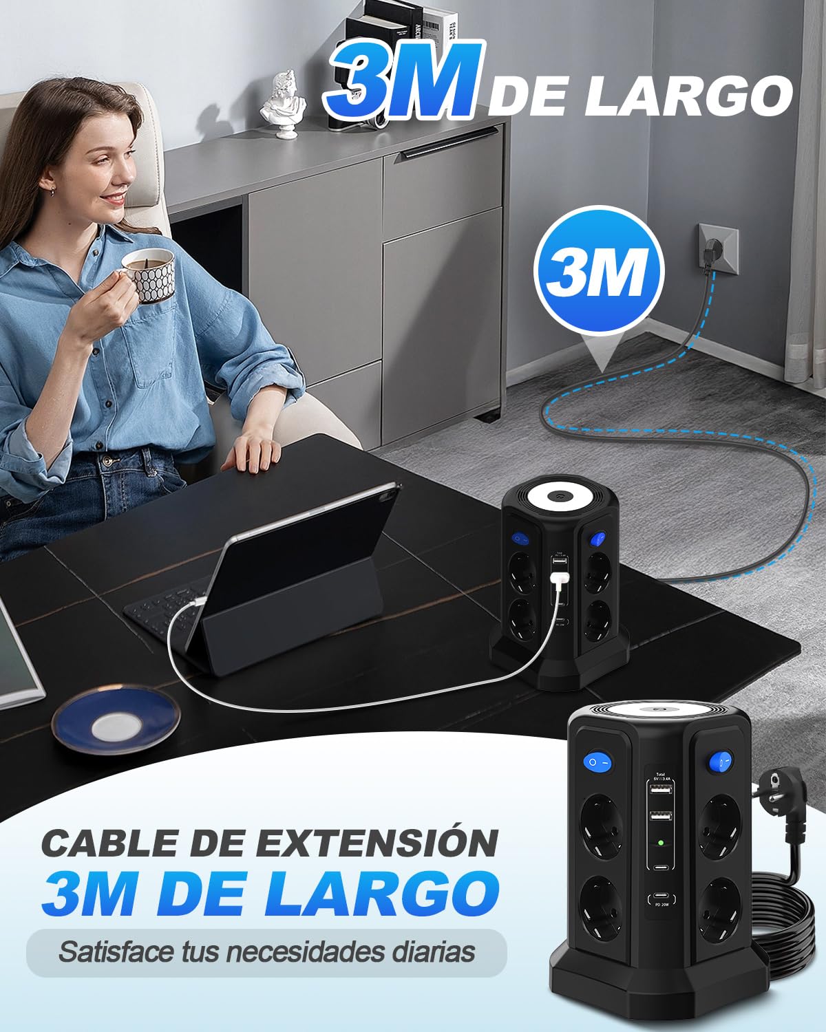 Torre Regletas Enchufes con Luz Nocturna y Carga Rápida PD 20W, Regleta Vertical 4000W 16A con Cable 3M, Protección Sobretensión, 8 Tomas y 4 USB, 4 Interruptores Independientes para Oficina y Casa