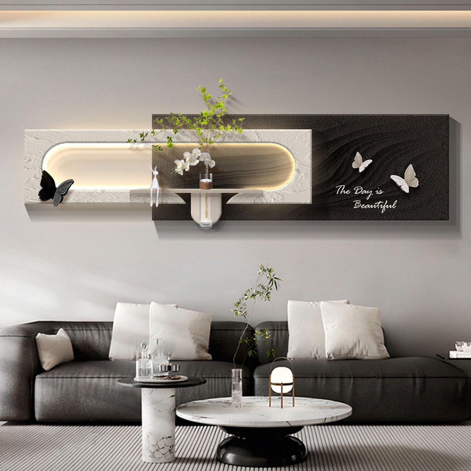 OECETCAWKD 3D Sandstone Led Wall Decor, Plug-in Wall Sculpture with Vase and Artificial Greenery,Hanging Decorative Paintings for Living Room,Borderless Wall Art(D,37 * 150cm/14.6 * 59.1in)