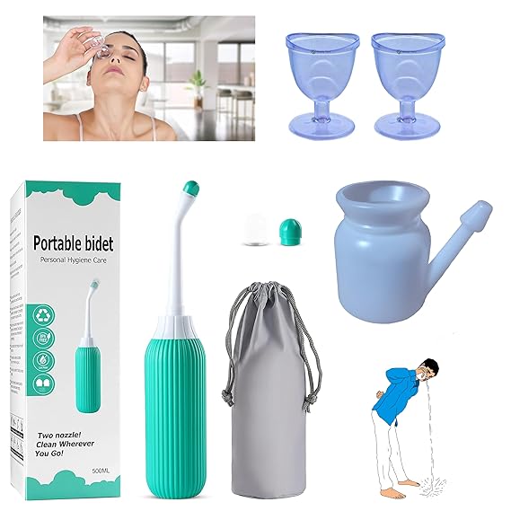 Rusho 500ml Portable jet spray for toilet Travel Bidet with Bag/2 Nozzles for Toilet Handheld Postpartum Perineal Cleansing Childbirth Cleaner and Neti pot for sinus 500ml with eye wash cup combo pack