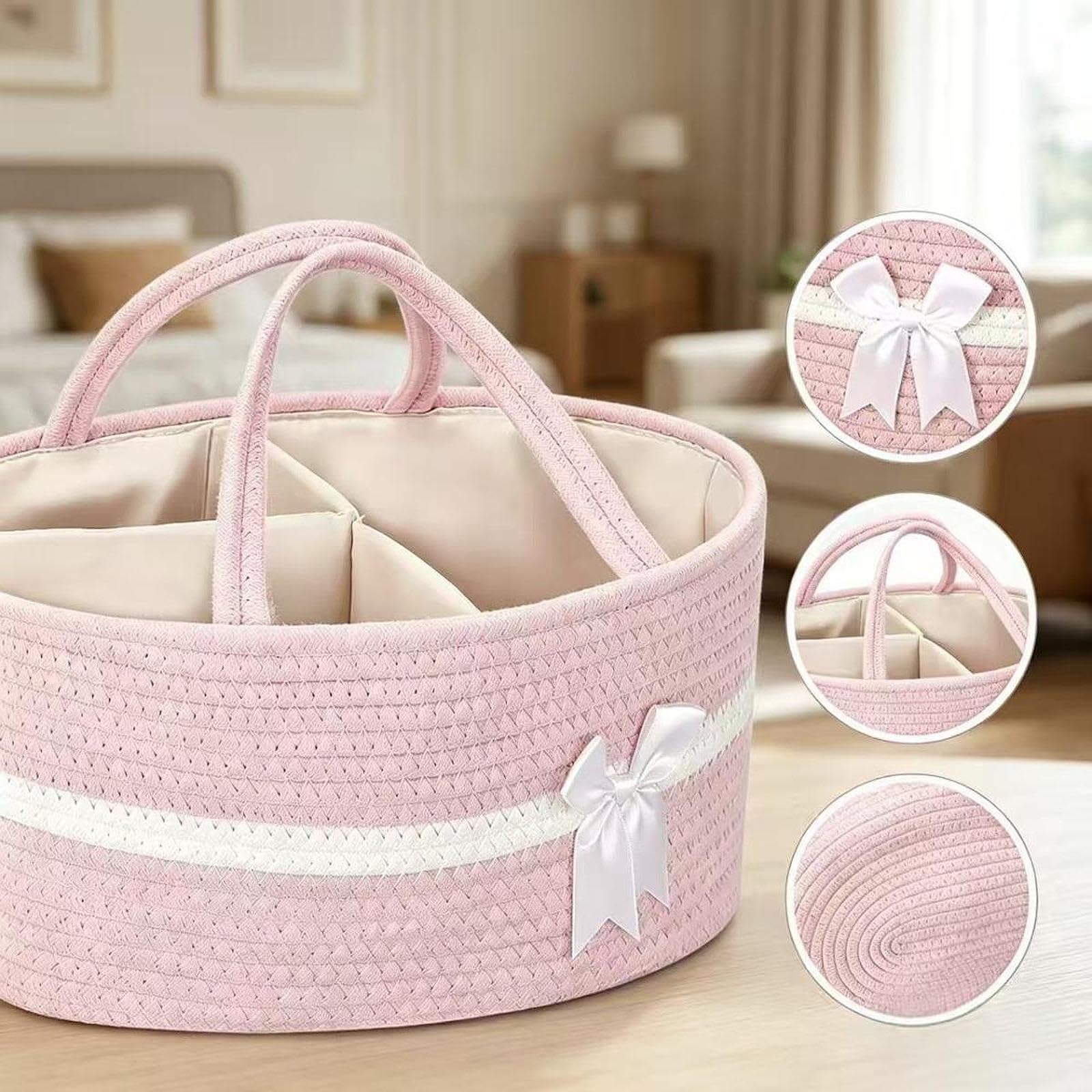 Organizzatore per, Borsa Porta Pannolini, Contenitore Intrecciato, Organizer per Pannolini per Neonati e tiralatte, Bianco Rosa
