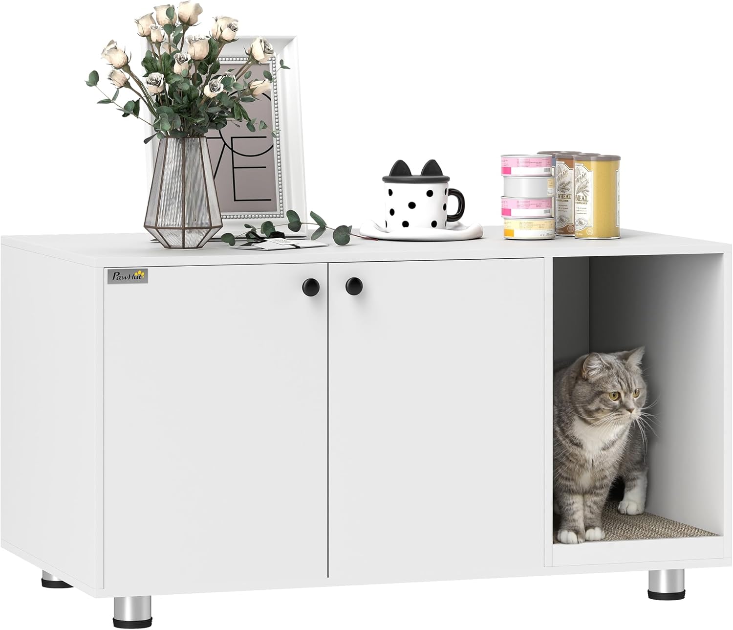 PawHut Cat Litter Box Enclosure, Industrial Hidden Cat Washroom Furniture, End Table with Double Doors and Scratching Pad for Living Room, Bedroom, Hallway, White