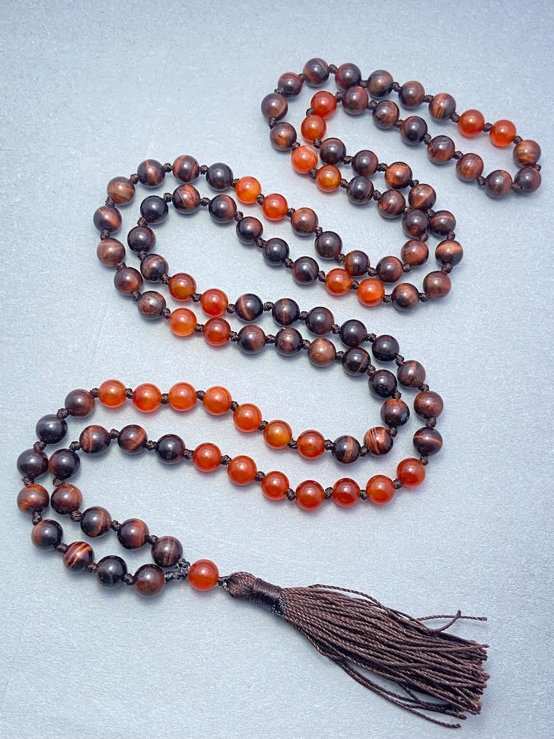 Naturalne czerwone tygrysie oko i czerwony onyks 8 mm 108 koralików mala, duchowe, koraliki medytacyjne, Reiki, Japa Mala, buddyjskie koraliki modlitewne, bransoletka do jogi, koraliki lecznicze