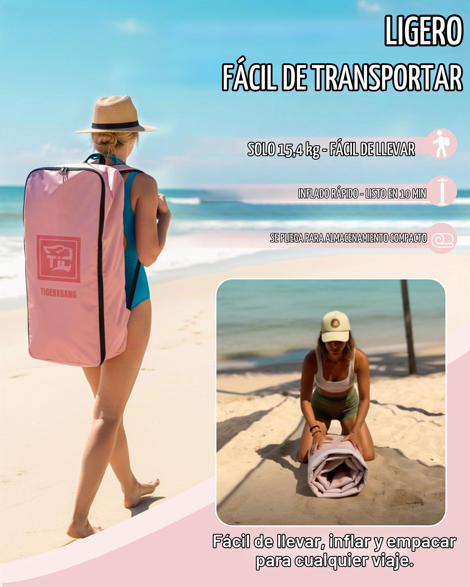 TIGERXBANG Tabla Paddle Surf Hinchable, Stand Up Paddle Board para Adultos/niños, Kit Completo de Surf ISUP, Rosa/Verde