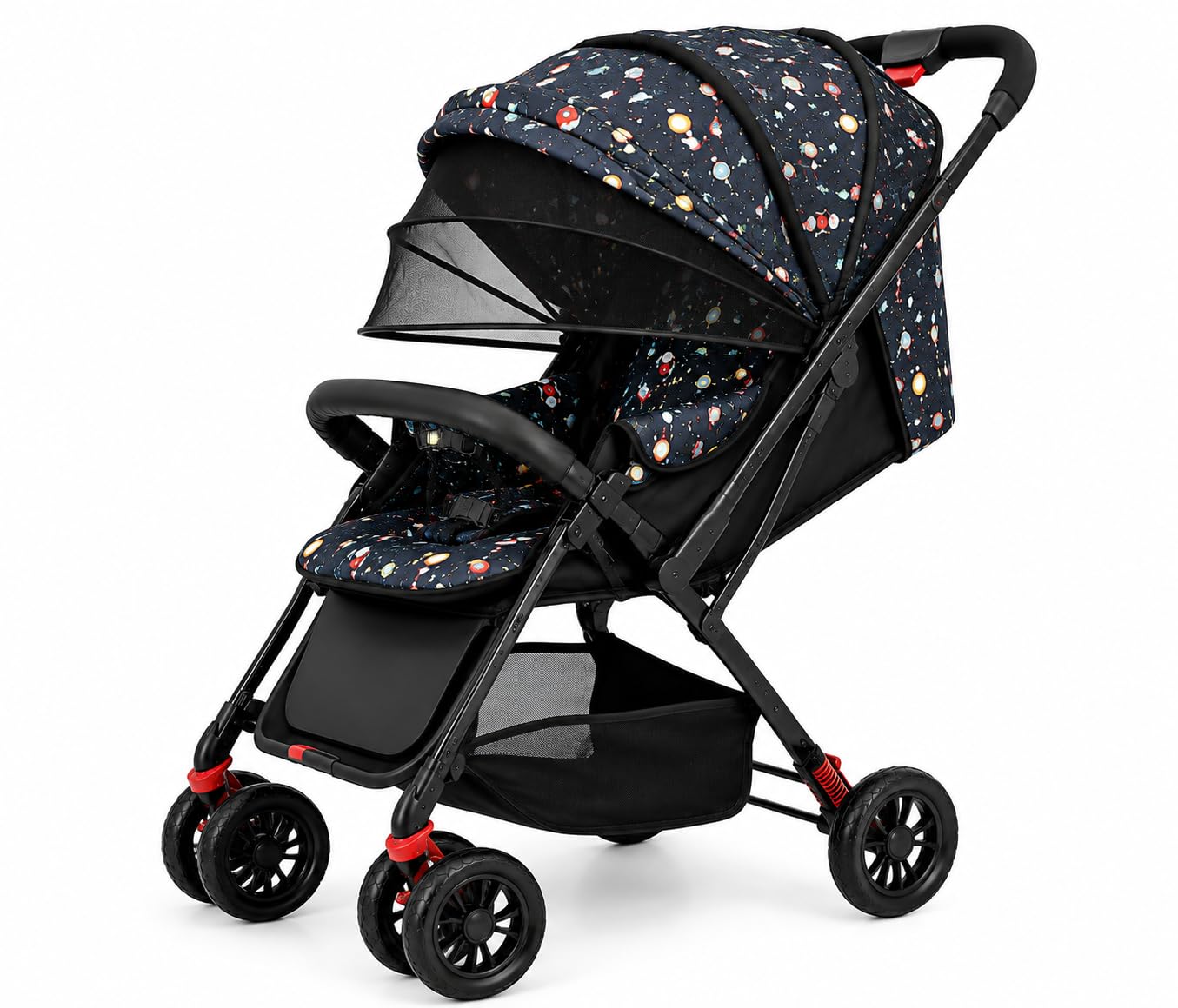 Baby Stroller for 0–5 Years – Foldable Pram with Reversible Handle, 360° Swivel Wheels, Safety Harness, Adjustable Seat, Mosquito Net & Parent Bag – Black Space Rocket Print (Design 05)-image-36