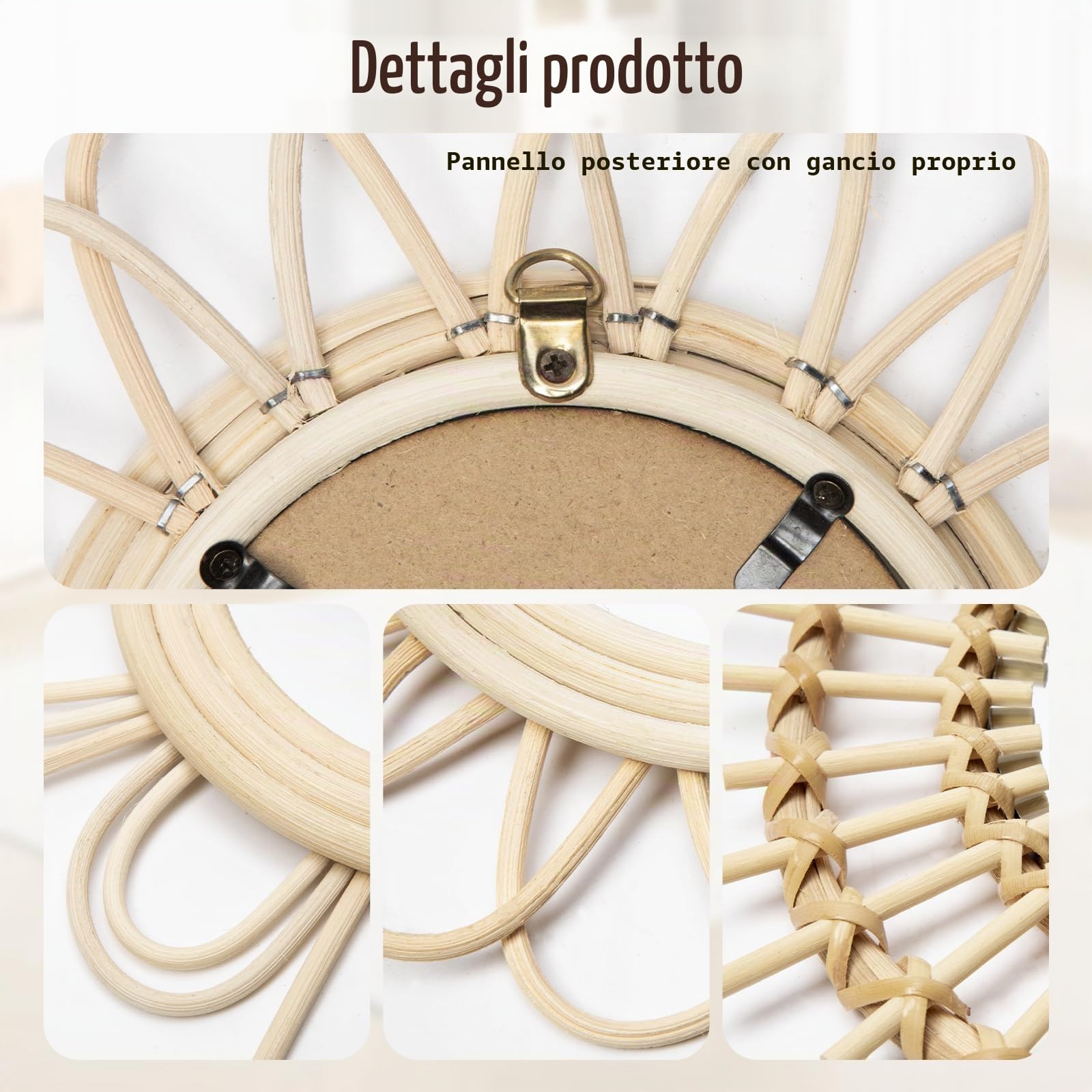 Oairse Specchio da parete rotondo in rattan, 3 pezzi, specchio in legno rustico, specchio decorativo da appendere per casa, bagno, soggiorno, ingresso, camera da letto