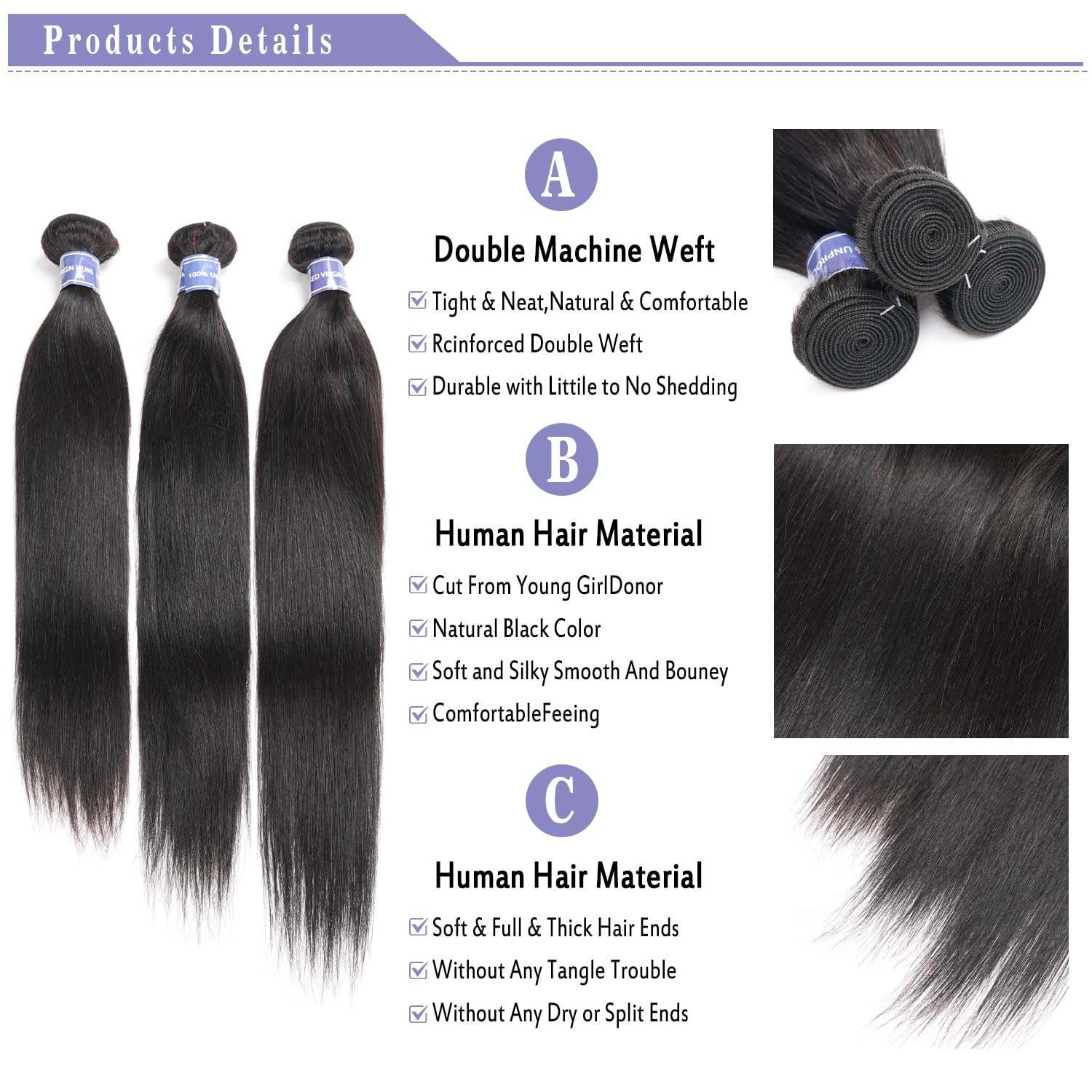 Human Hair Extensions Straight Bundles Unprocessed Peruvian Virgin 12-16 Inch Straight Bundles Human Hair 12 14 16 Inch 100% Unprocessed  main image 4