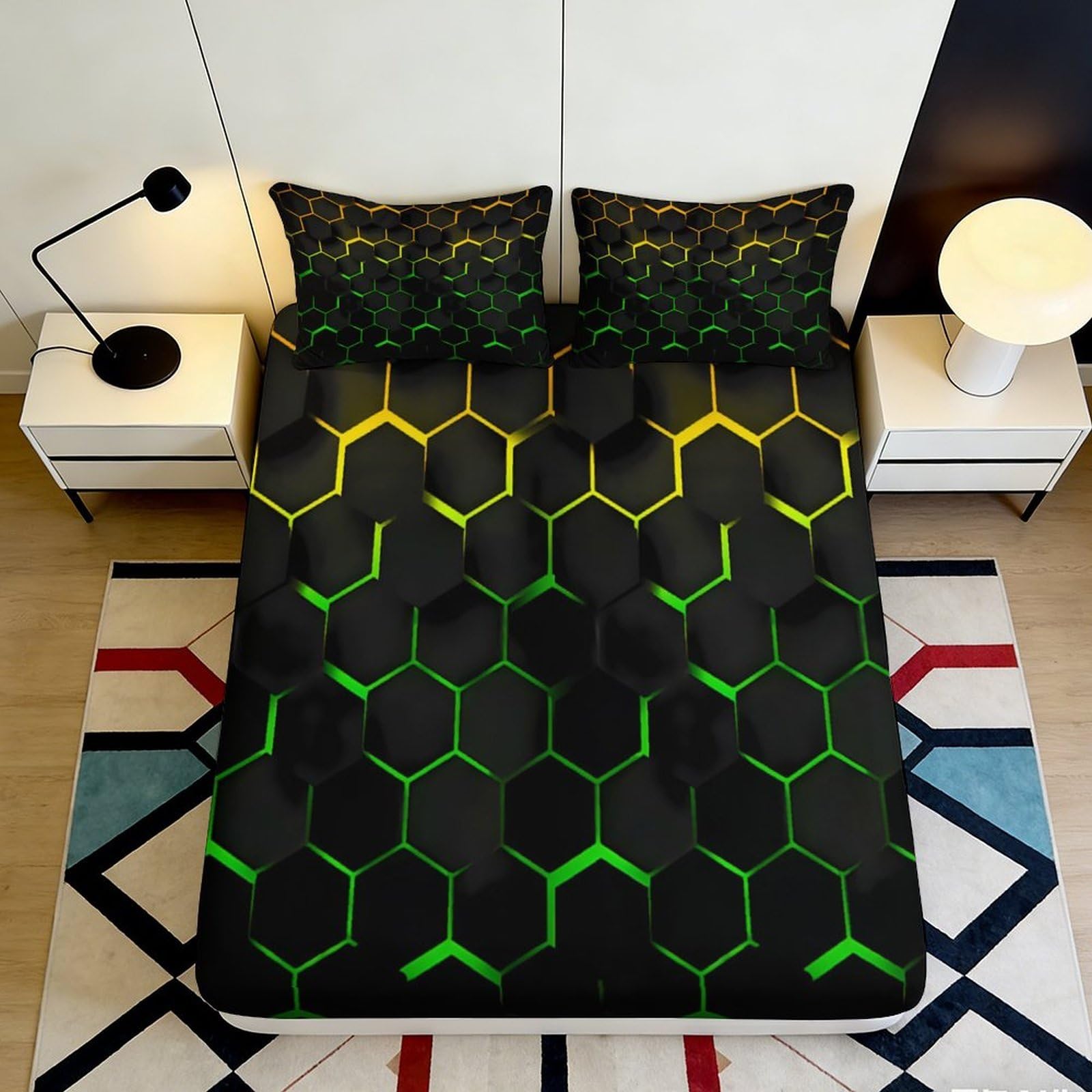 3D Printed Neon Hexagon Fitted Sheet Microfiber Soft Anti-Slip Geometric Mattress Cover Bedroom Decor 160x200x25cm