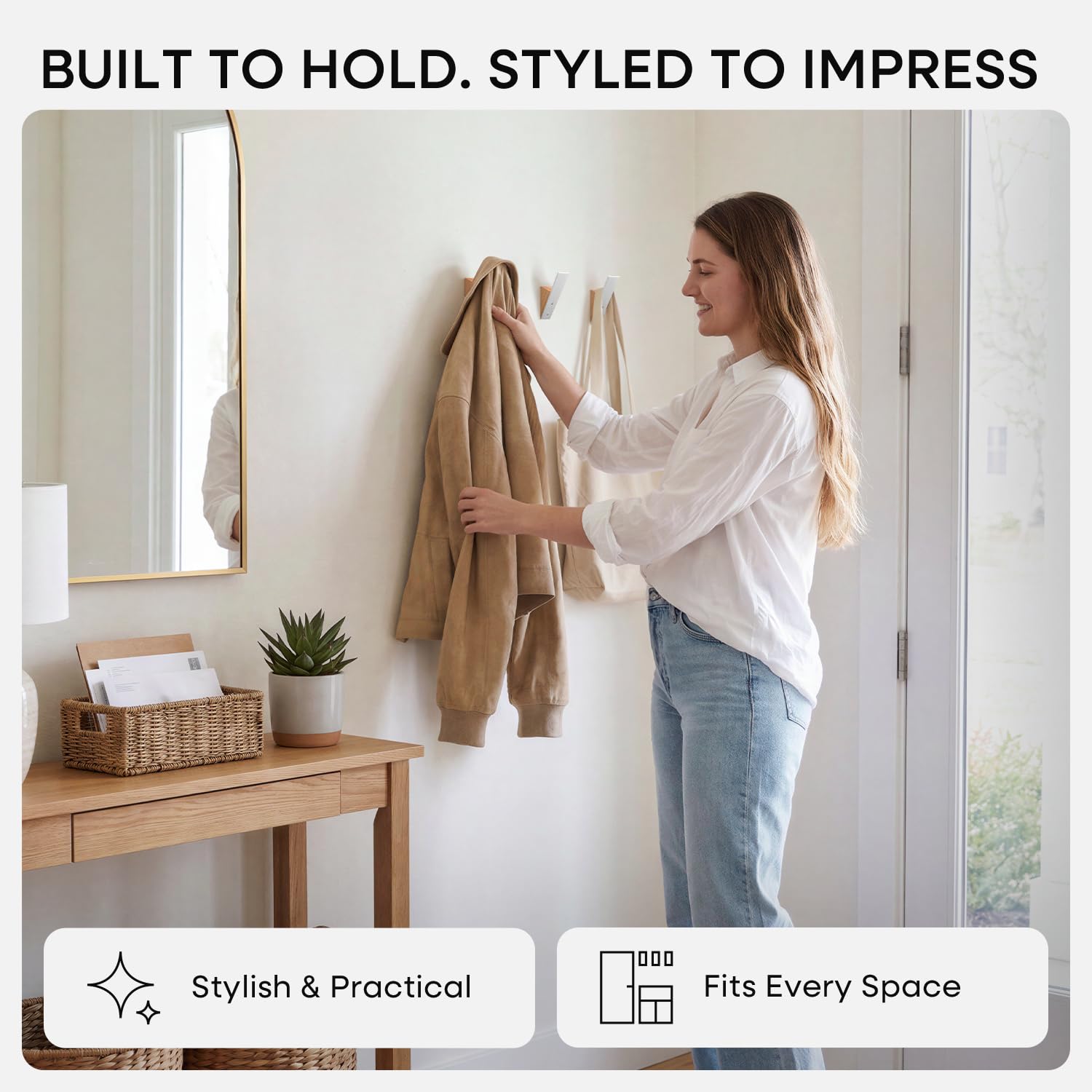 Perchero de pared – Juego de 3 ganchos de madera de haya de metal blanco para colgar abrigos – Ganchos de sombrero para pared – Ganchos decorativos de pared – Perchas para sombreros para pared