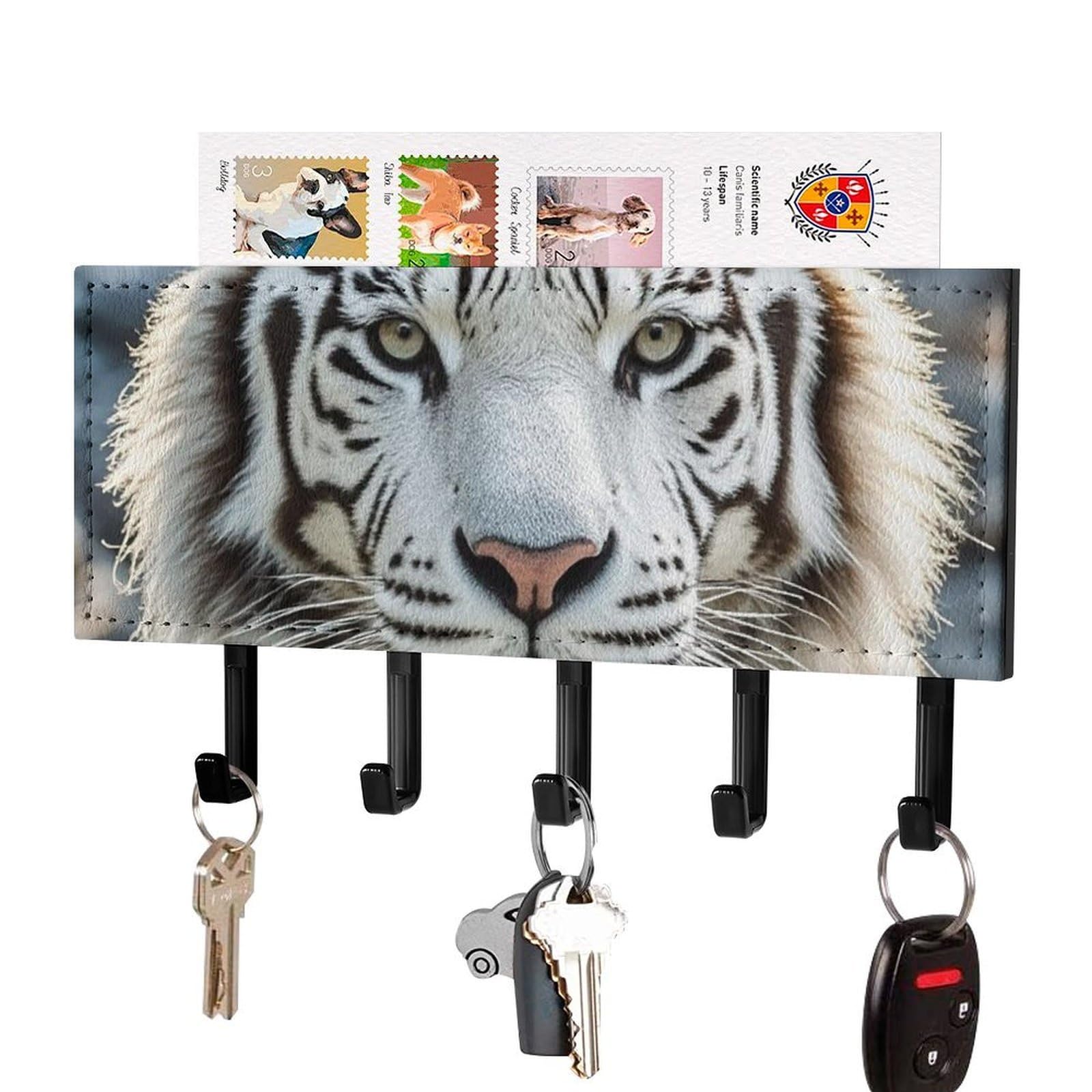 Fekiloot Black-Style White Tiger Key Holder Wall Mount Key Hanger With 5 Hooks Decorative Key Rack Hanging Key Hooks With Mail Organizer Key Holder For Wall Living Room Kitchen Bathroom Hallway Black