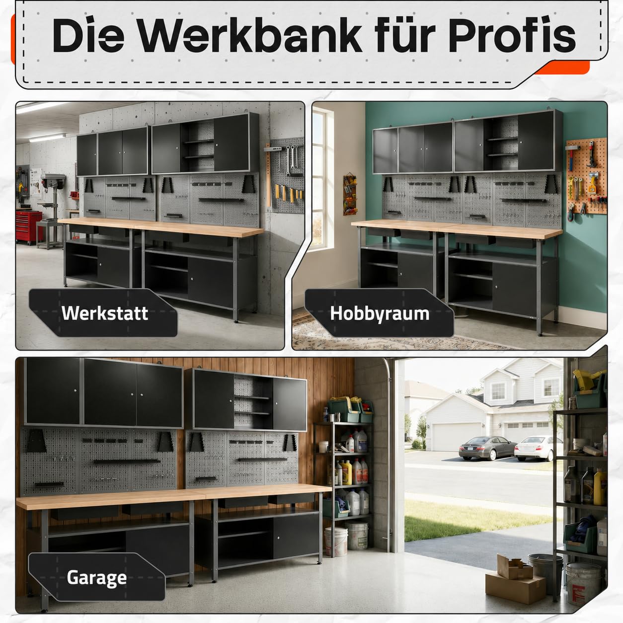 Ondis24 Werkstatteinrichtung Werkstatt Set Werkbank Fritz Hängeschrank Werkzeugwand Metall Schwarz Grau (Hängeschrank Ben & Tim, 240 cm), Buchenholzarbeitsplatte
