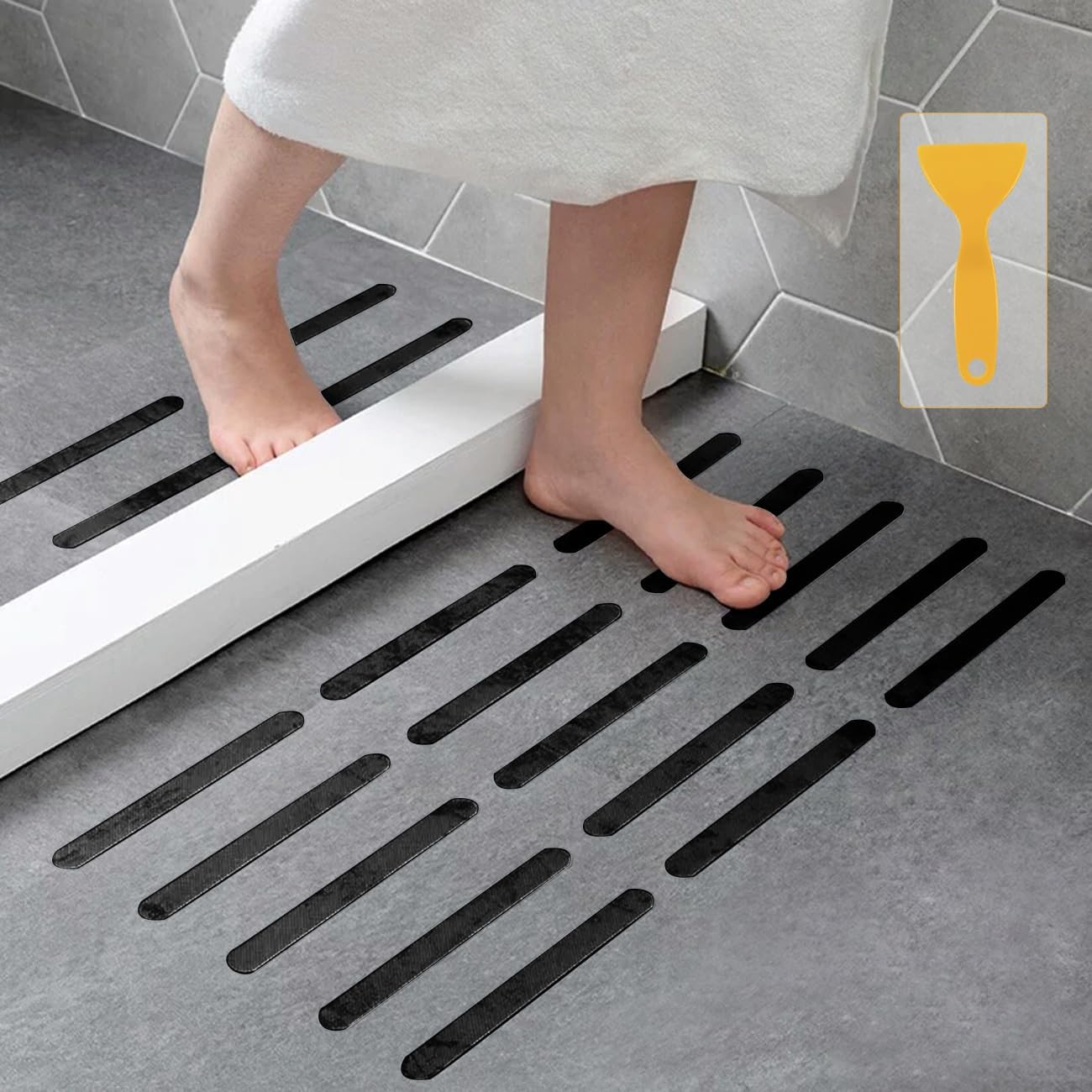 Anti Slip Strips, Safety Shower Treads Stickers - 24 Pcs, Bathtub Non Slip Stickers, Anti Skid Tape for Shower,Tub,Steps, Floor-Strength Adhesive Grip Appliques for Baby,Senior,Adult (Black)8 x 0.8In