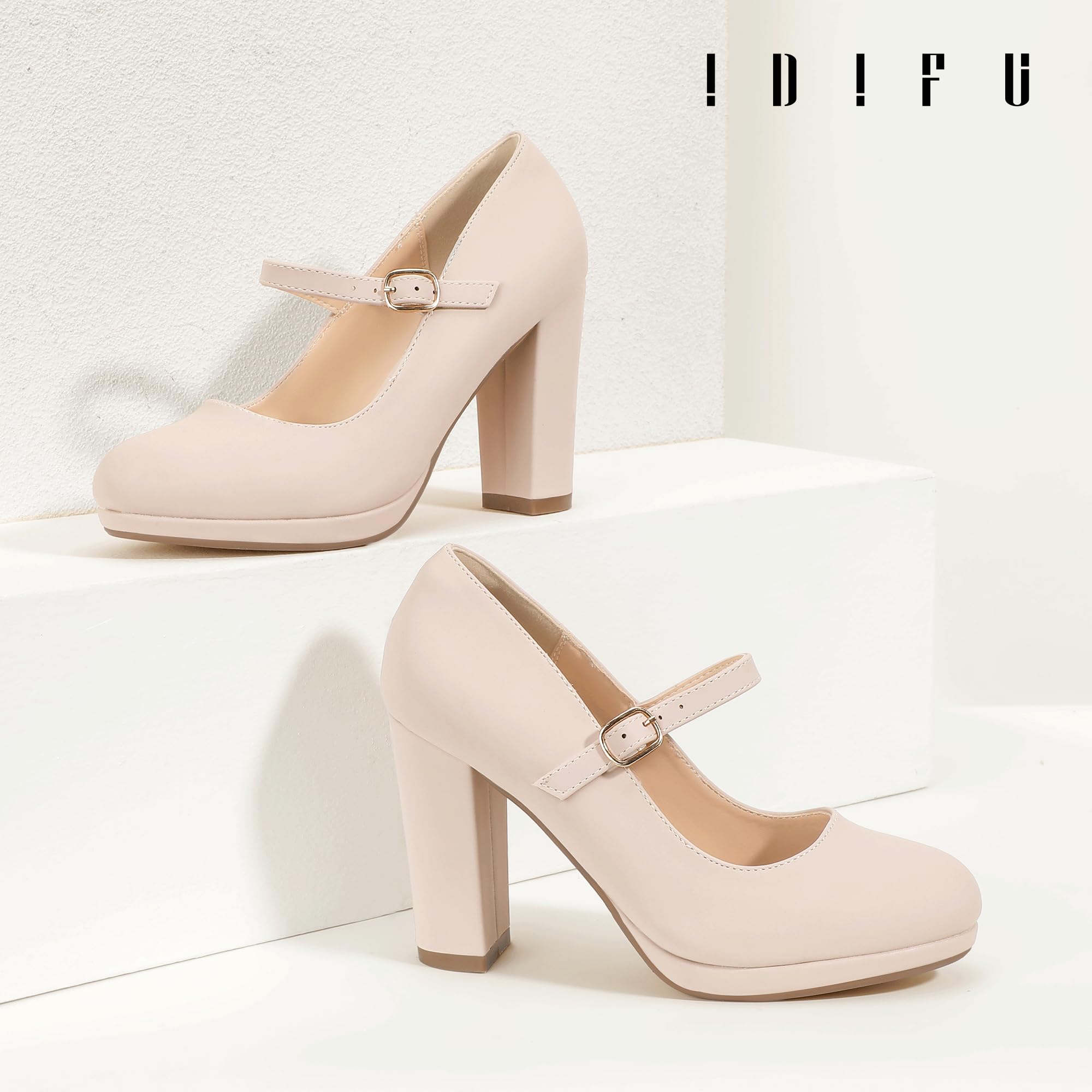 IDIFU IN4 Mary Jane Shoes Closed Toe Heels Platform High Chunky Block Heels Women's Pumps Comfortable Dress Shoes for Women Wedding Bridal Work Fashion Round Toe Pumps Shoes: 9.5 Nude Nubuck