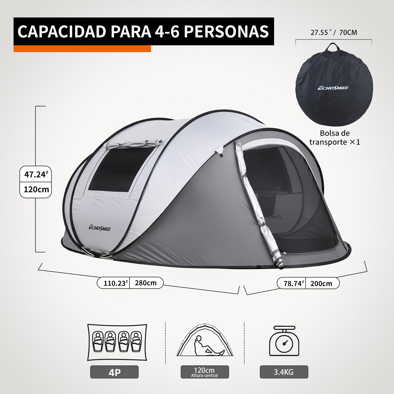 EchoSmile Tienda de Campaña Pop Up para 4-8 Personas-Impermeable, Montaje Rapido, Ultraligera Portátil con 2 Ventanas, para Camping Senderismo Playa