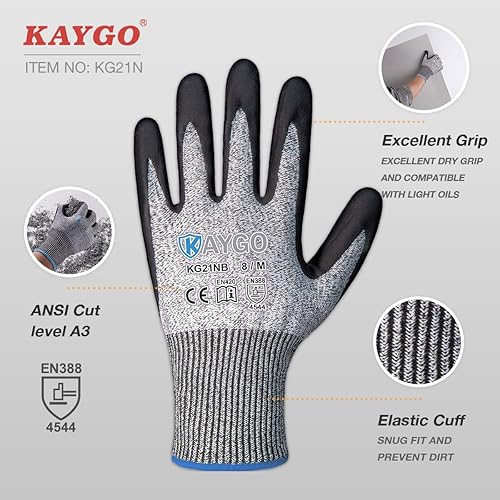 Miniatura 2 de KAYGO Guantes resistentes a los cortes, revestimiento de nitrilo de microespuma, nivel de corte ANSI A3, rendimiento de agarre superior, guantes de