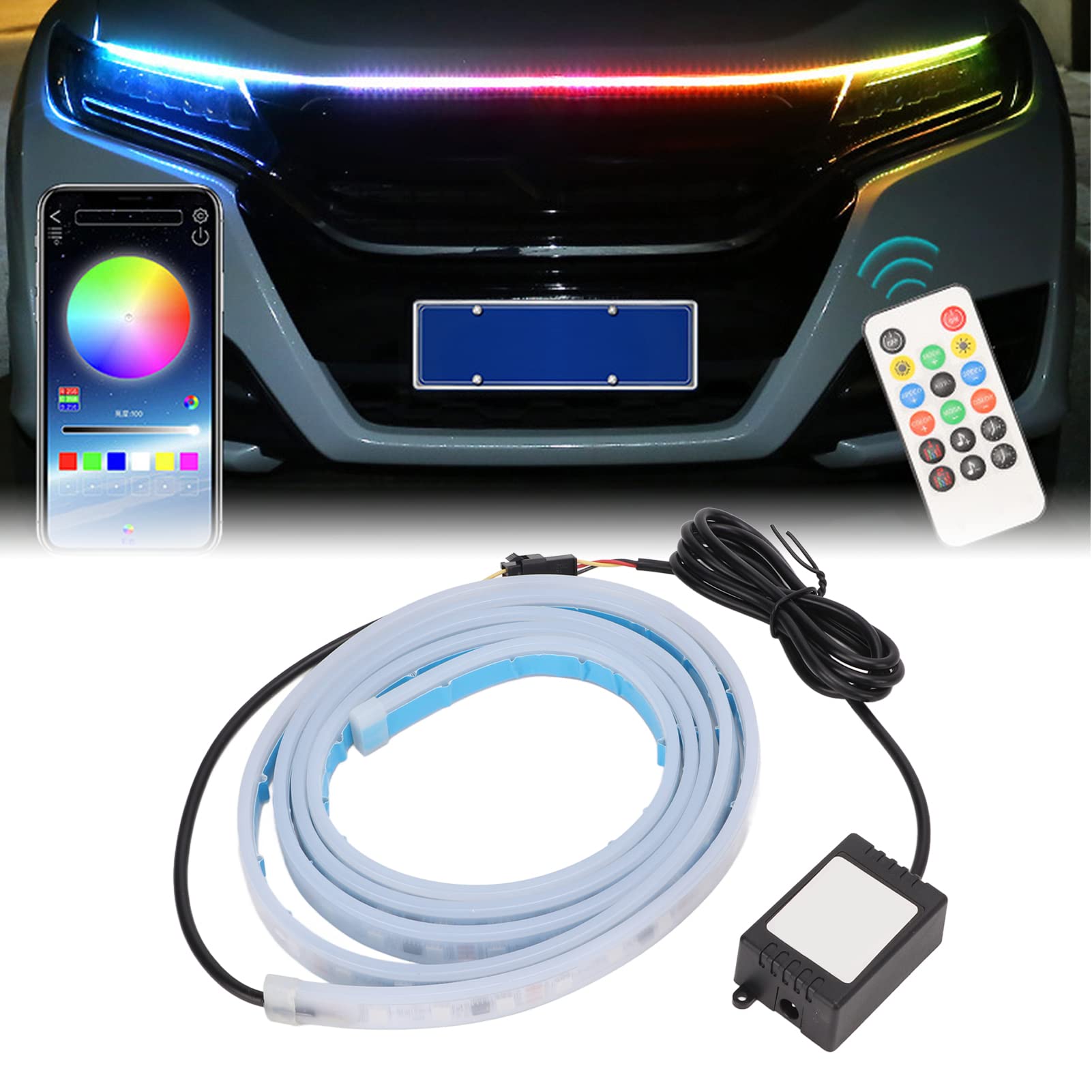 Tira de Luces LED para Exterior de Coche, 70 Pulgadas, RGB Multicolor, 12V, Impermeable, Control de Aplicación, para Capó
