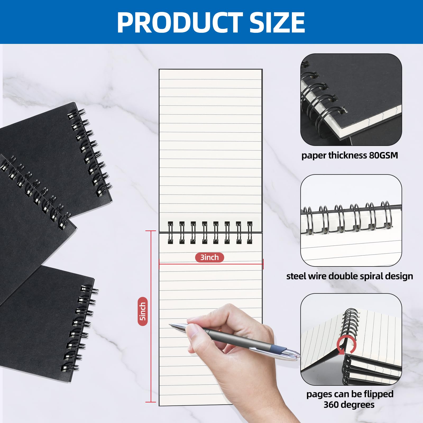 Paquete de 8 cuadernos de bolsillo en espiral de 3 x 5 pulgadas, bloc de
