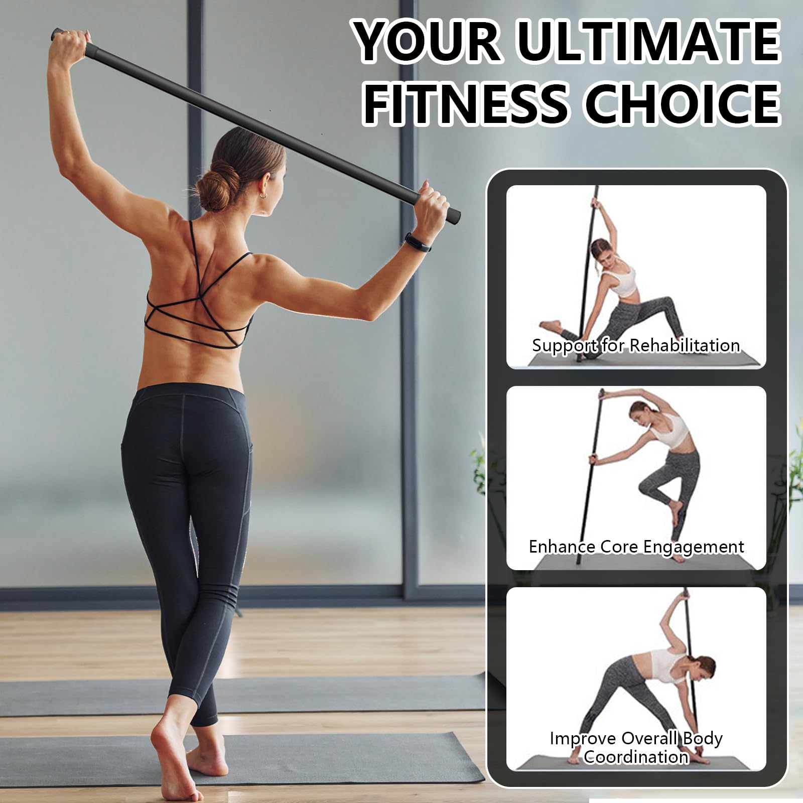 Barre de Yoga 151 cm, Bâton de Correction de Posture Portable Yoga Stick Antidérapant avec Poignée Antidérapante, Bâton de Fitness Bar Réglable pour Pilates Musculation le Home Gym