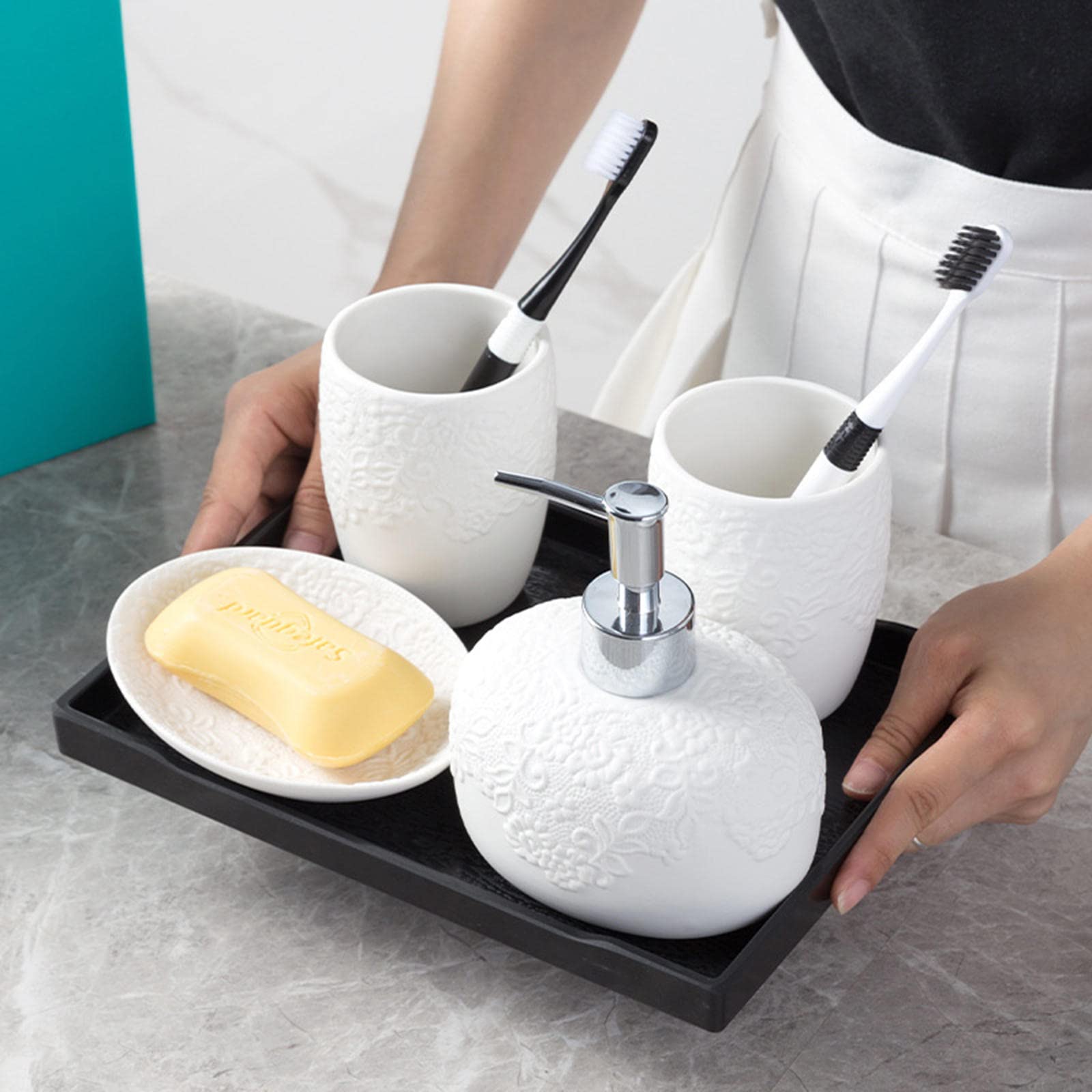 Set di accessori da bagno in ceramica, set di accessori da bagno completo, set di accessori da bagno con dispenser di sapone, 2 bicchieri, portasapone