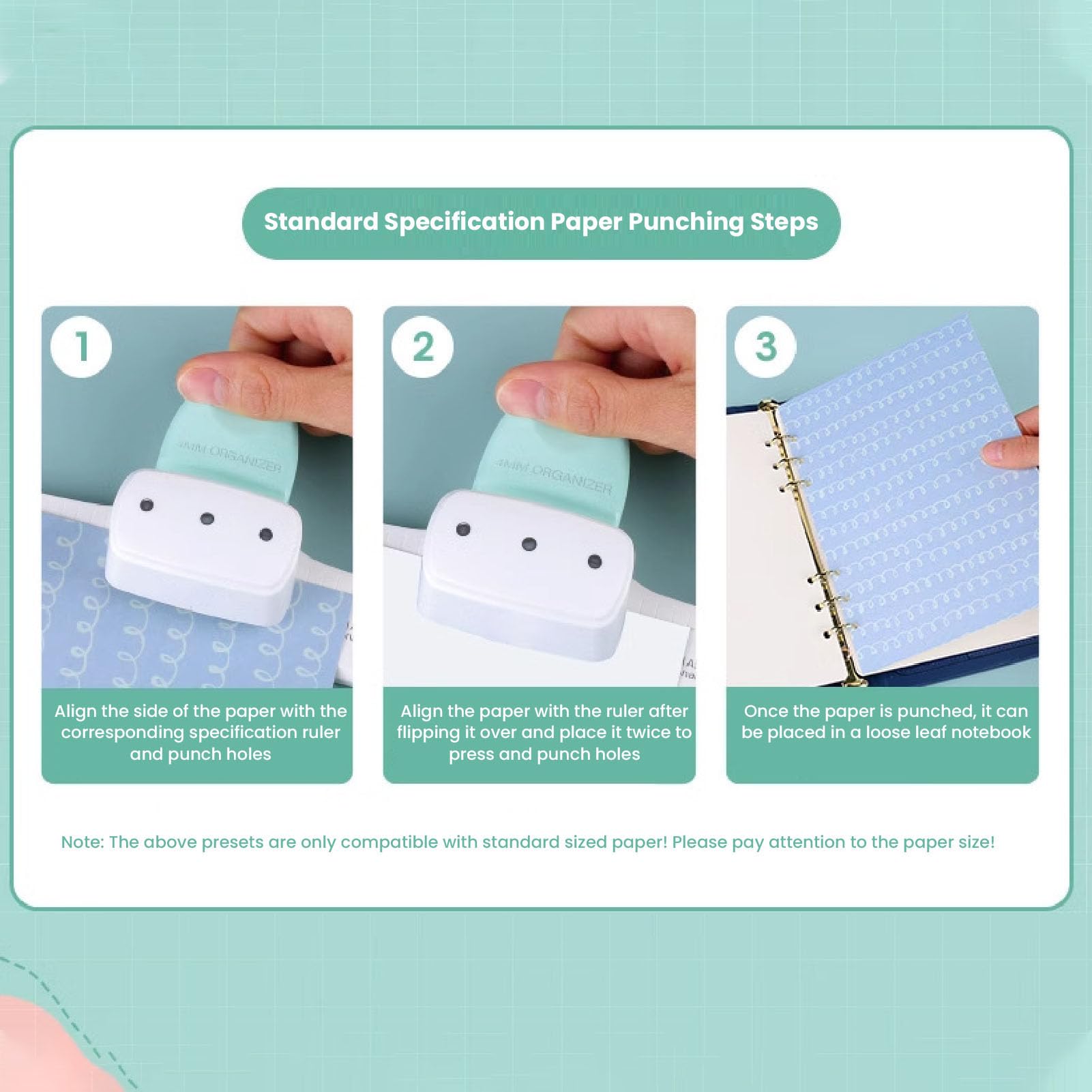 Perforatrice a 3 fori - Realizzata in plastica ABS, adatta per 8 fogli di carta A4, diametro dei fori di 4 mm, spaziatura dei fori regolabile, perforatrice per fogli mobili pe