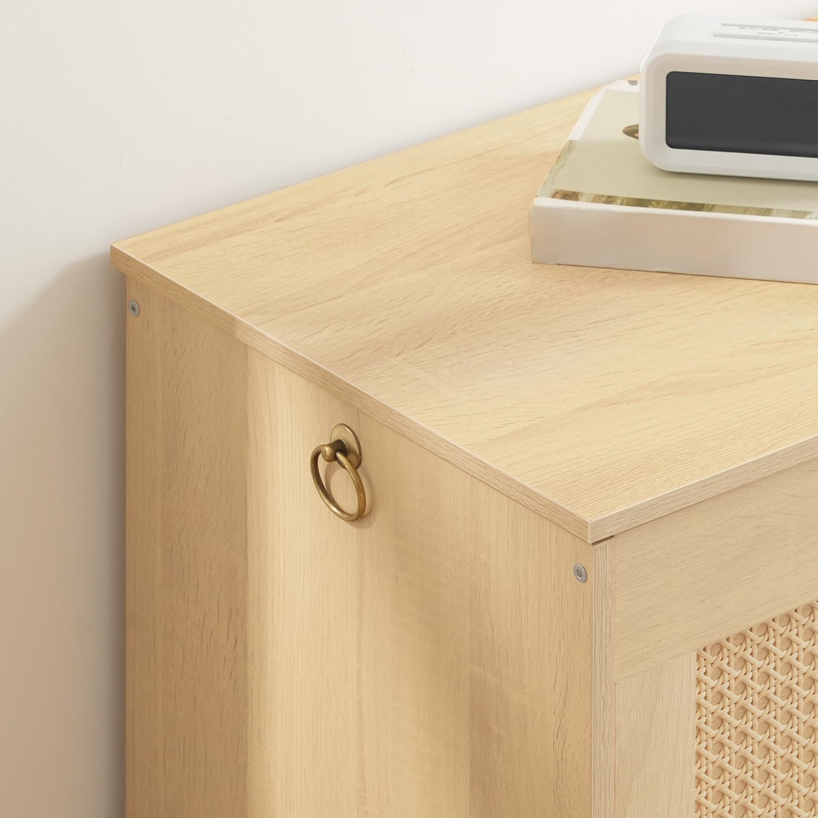 HOOBR Coffre à Jouets, Banc de Rangement décoratif en rotin Artificiel, Coffre de Rangement de 110 cm de Long, avec charnière de Soutien, Organisateur à Jouets, Couleur Bois Naturel ENL22CW01