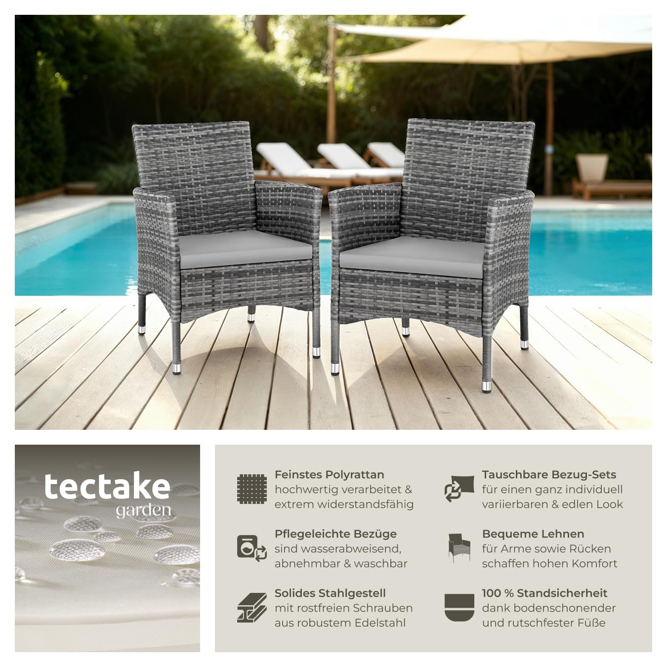 tectake® 2er Set Gartenstuhl aus Polyrattan, Gartenmöbel Set mit 2 Sessel, Outdoor Rattansessel inklusive Sitzpolster und 2 Bezugssets, rostfreie Edelstahlschrauben, pflegeleicht - grau/hellgrau