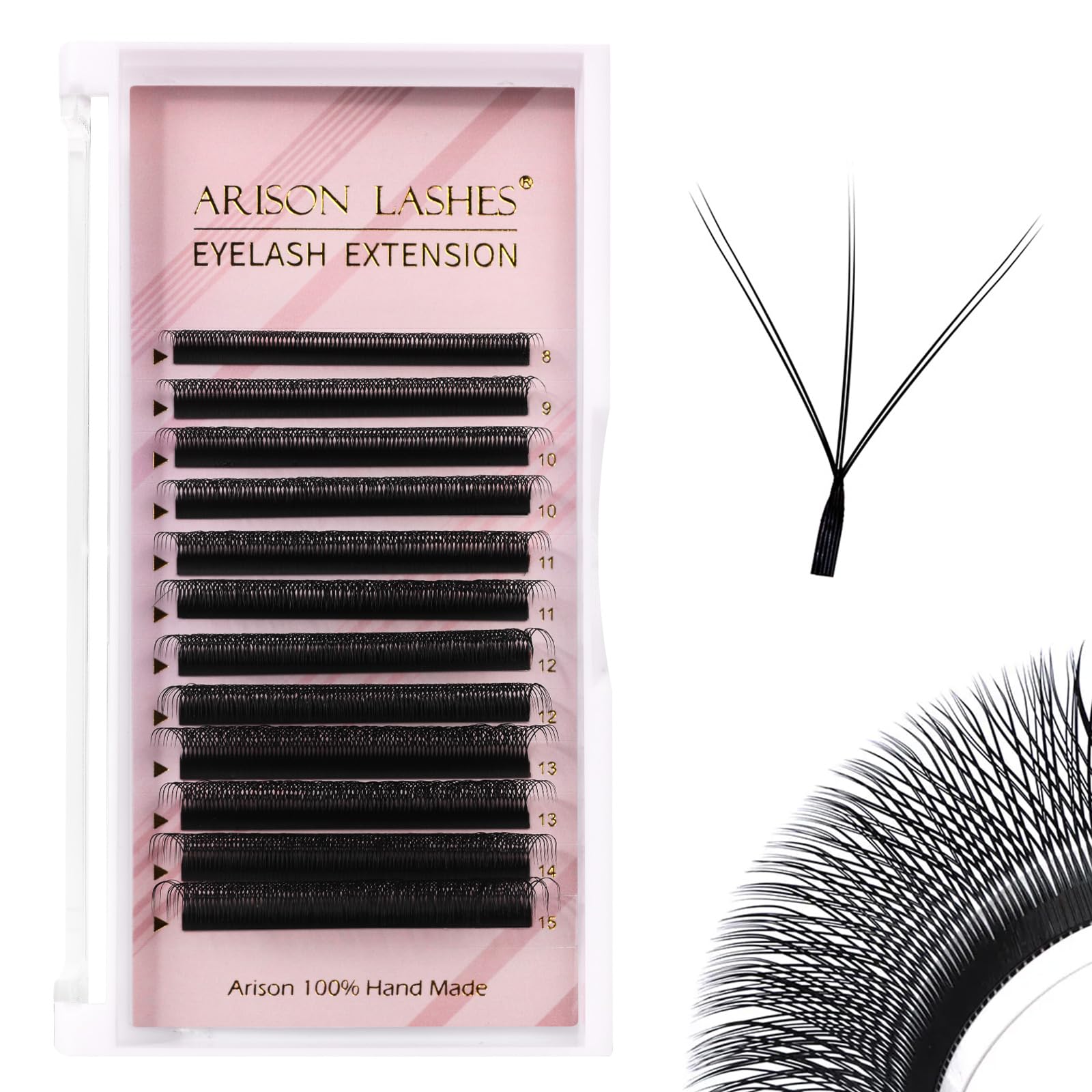 Arison Lashes Double Layers 3DW Shape Eyelash Extension Natural Soft Volume 0.07mm D Curl 8-15mm Mix Premade Fans Faux Mink Matte Black 12 rows