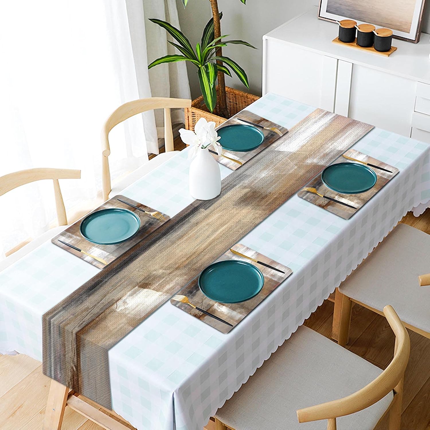 Mcalk Brown Table Runner and Placemats Set of 6 Pieces, Beige Placemats Modern Art,Abstract Art Cloth Place Mats Indoor for Kitchen,Washable Placemats Linen Material for Dining Table