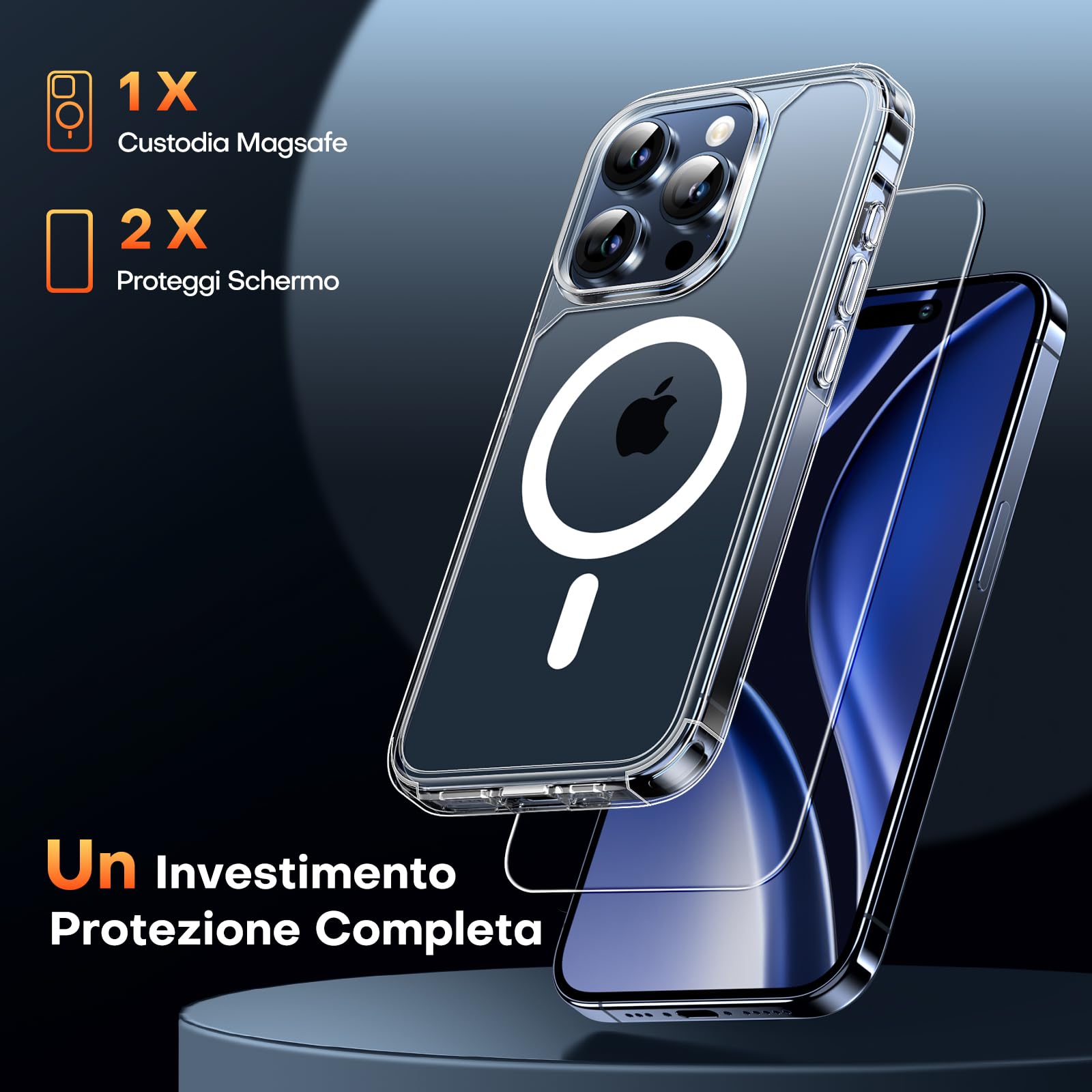 TAURI 3 in 1 Kit Magnetica Cover per iPhone 15 Pro Max [Compatibile con MagSafe] con 2 Pellicola in Vetro Temperato,Custodia Rigida per Sottile Anti-Ingiallimento-Trasparente
