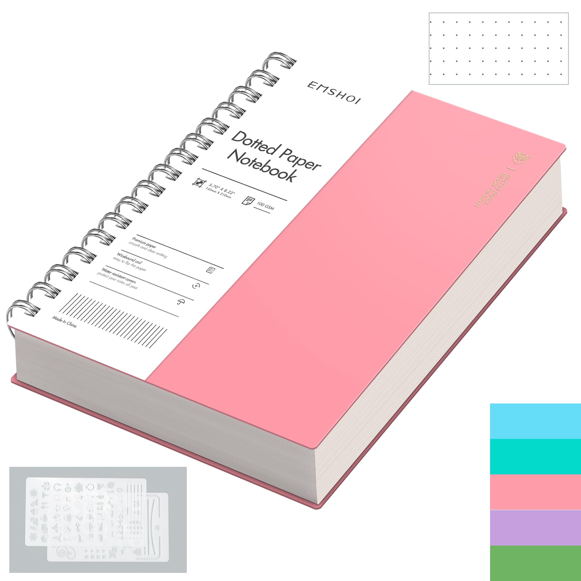 EMSHOI Notebook A5 Bullet Dotted Journal, 300 Pages/150 Sheets, 100gsm Dot Grid Paper, Waterproof Hardcover, Spiral Wirebound Notepad for Women Men Office School Work Writing, 14.5 x 21cm, Pink