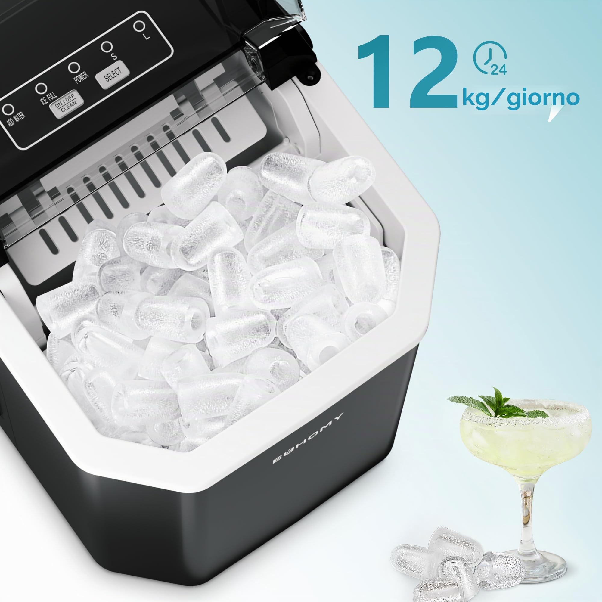 EUHOMY Macchina per cubetti di ghiaccio, 9 cubi in 6 minuti, macchina per il ghiaccio Bullet, 2 dimensioni cubi, in acciaio inox, per il piano di lavoro, 12 kg/giorno, per la casa, la cucina