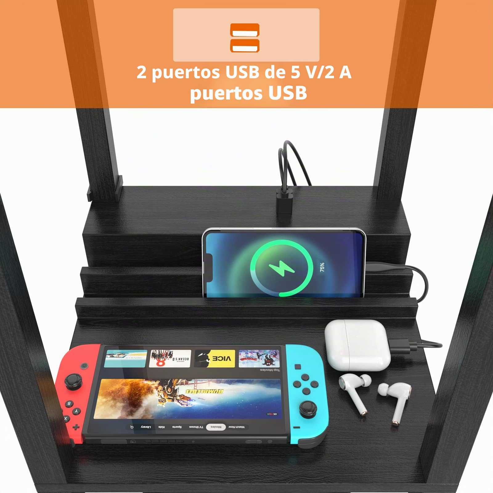 GOPLUS Lámpara de Pie con 3 Estantes Abiertos y Cajón, 2 Puertos USB, E27, Moderna para Salón, Dormitorio, Oficina, Negro, 26x26x160,5cm