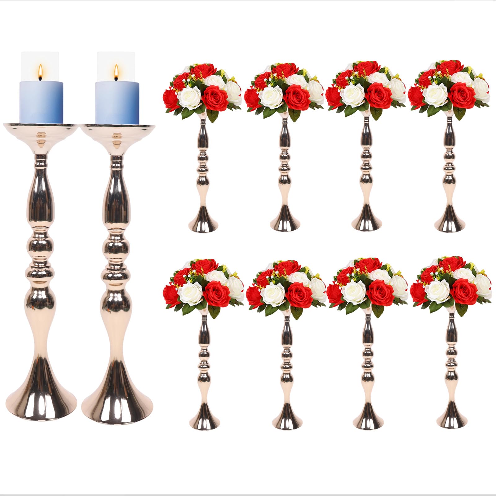 10Pcs Gold Wedding Centerpiece Stand Metal Flower Candle Holder Table Vase Stand Movable Wedding Road Lead for Party Event, Birthday, Reception, Home Decor 5.1 * 19.7 inch