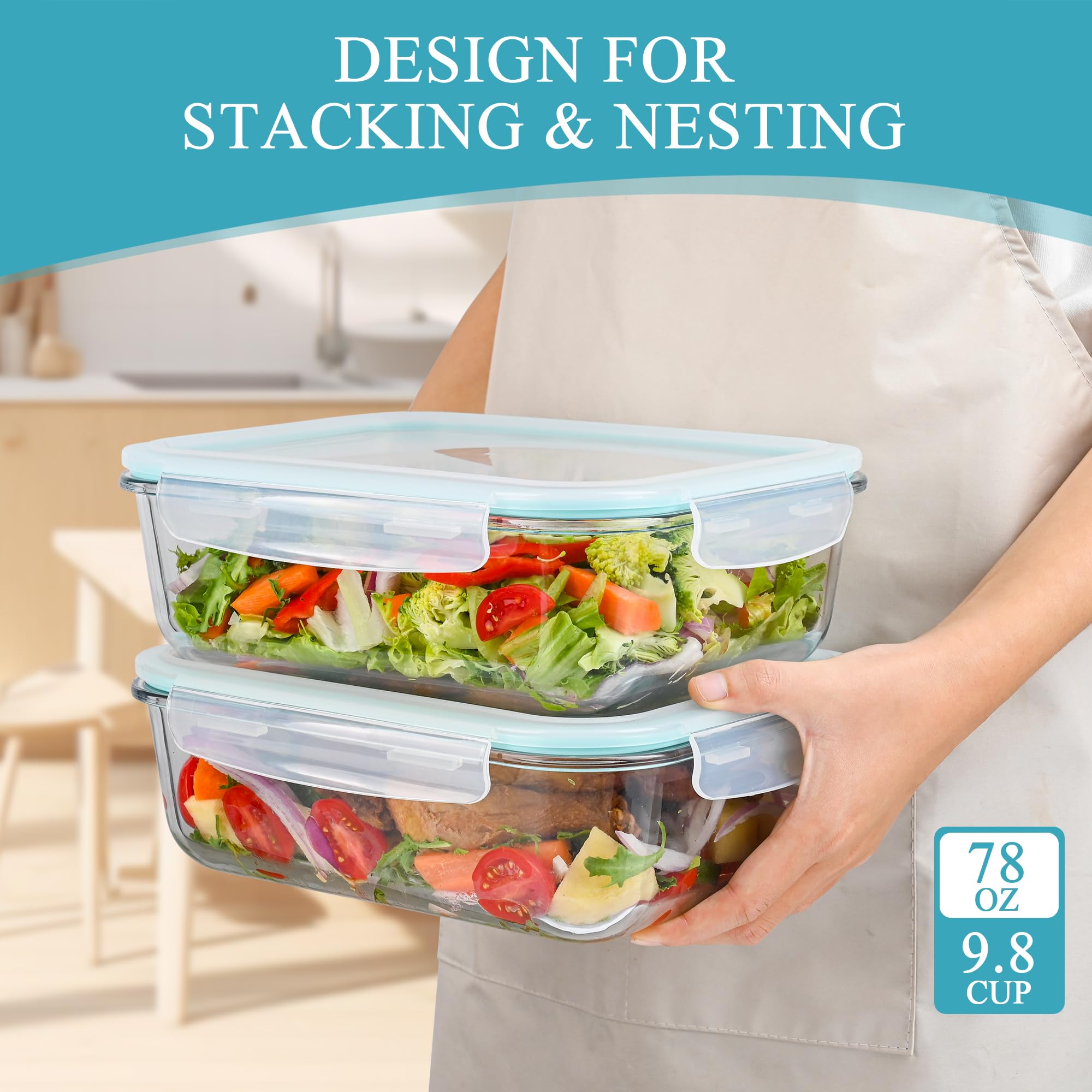 GEHE Recipientes grandes de vidrio para almacenamiento de alimentos de 9.8 tazas/78 onzas con tapas, juego de 2 recipientes de vidrio para preparación de comidas con tapas herméticas, almacenamiento
