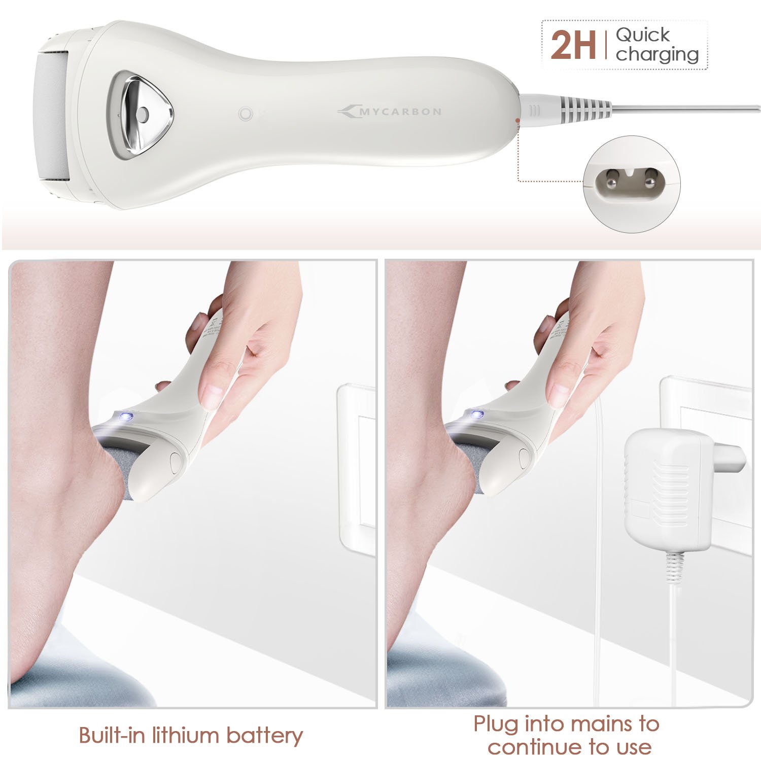 Lima elétrica de pies MYCARBON, Recargable Aparato de Pedicura Profesional, Eliminar las Durezas y las Callosidades, con Recambios (Blanco)