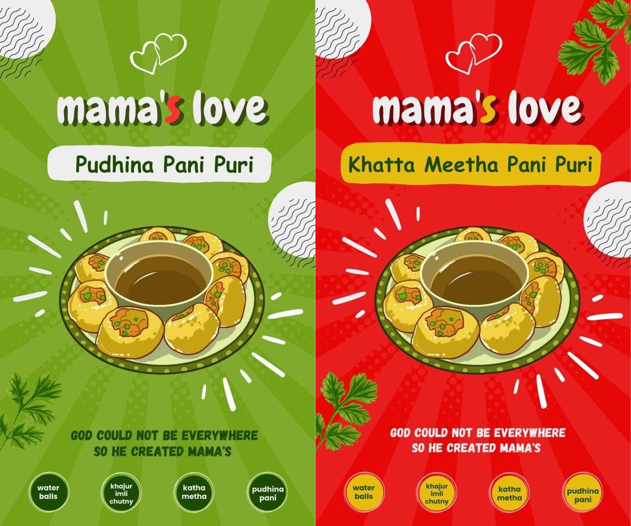 Mama's Love Ready-to-Cook Pudina & Khata Meetha Golgappa Pani Puri Packet Readymade - Homemade Pani Puris | Combo, Pack of 2 | Each Pack Includes 50 Pcs Pani Puri, 2 Types of Masala, 1 Tamarind Imli Chutny