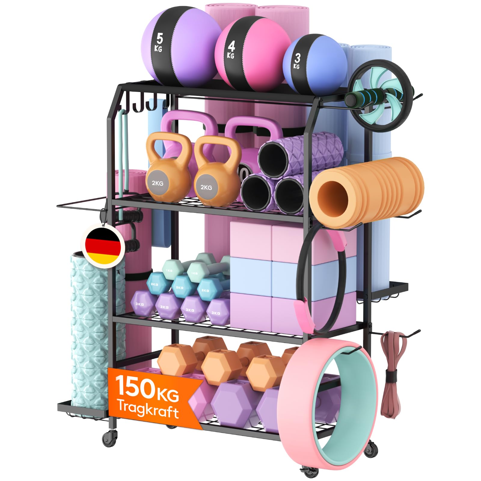 Lifewit Yoga Matte Hantelablage, Kurzhantelständer für Home Gym mit Rädern und Haken, Fitness-Equipments Hantelständer für Kettlebell, Yoga-Block, Schaumstoffrolle, Pilates Ausrüstung Lagerung, Groß