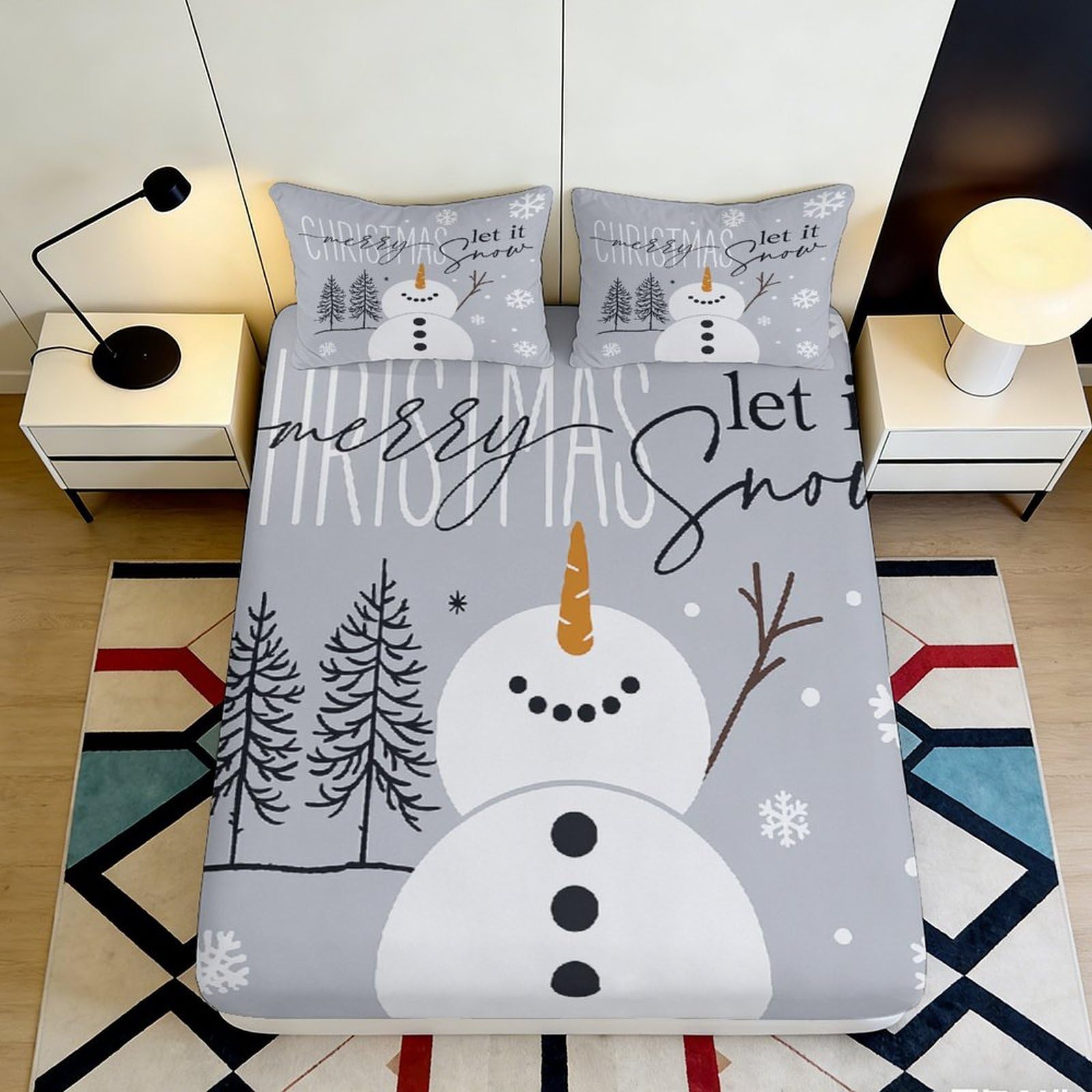 3D Printed Snowman Fitted Sheet Microfiber Deep Pocket Non-Slip Bedroom Bedding Snowflake Mattress Fitted Cover Washable for All Ages 140x200x25cm
