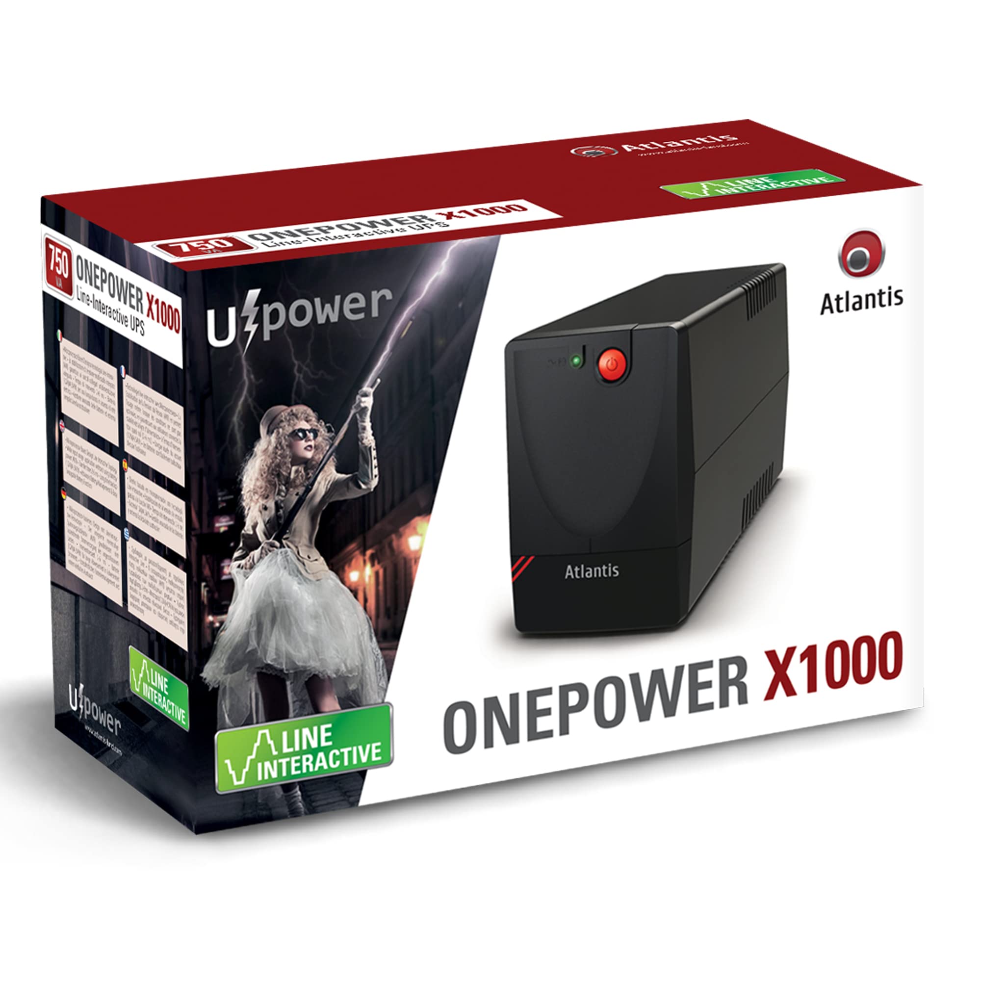 Atlantis UPS X1000, Puissance 750 VA, 375 W, Ligne Interactive, A03-X1000