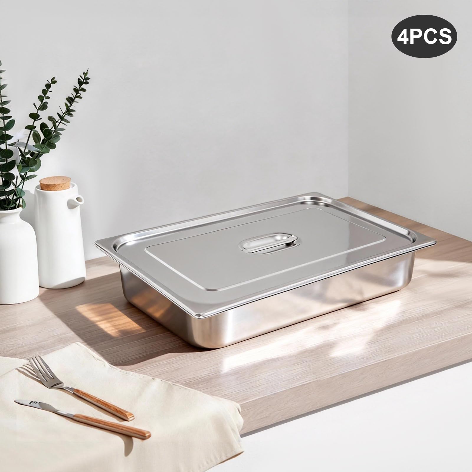 4 contenitori per gastronorm, in acciaio inox con coperchio