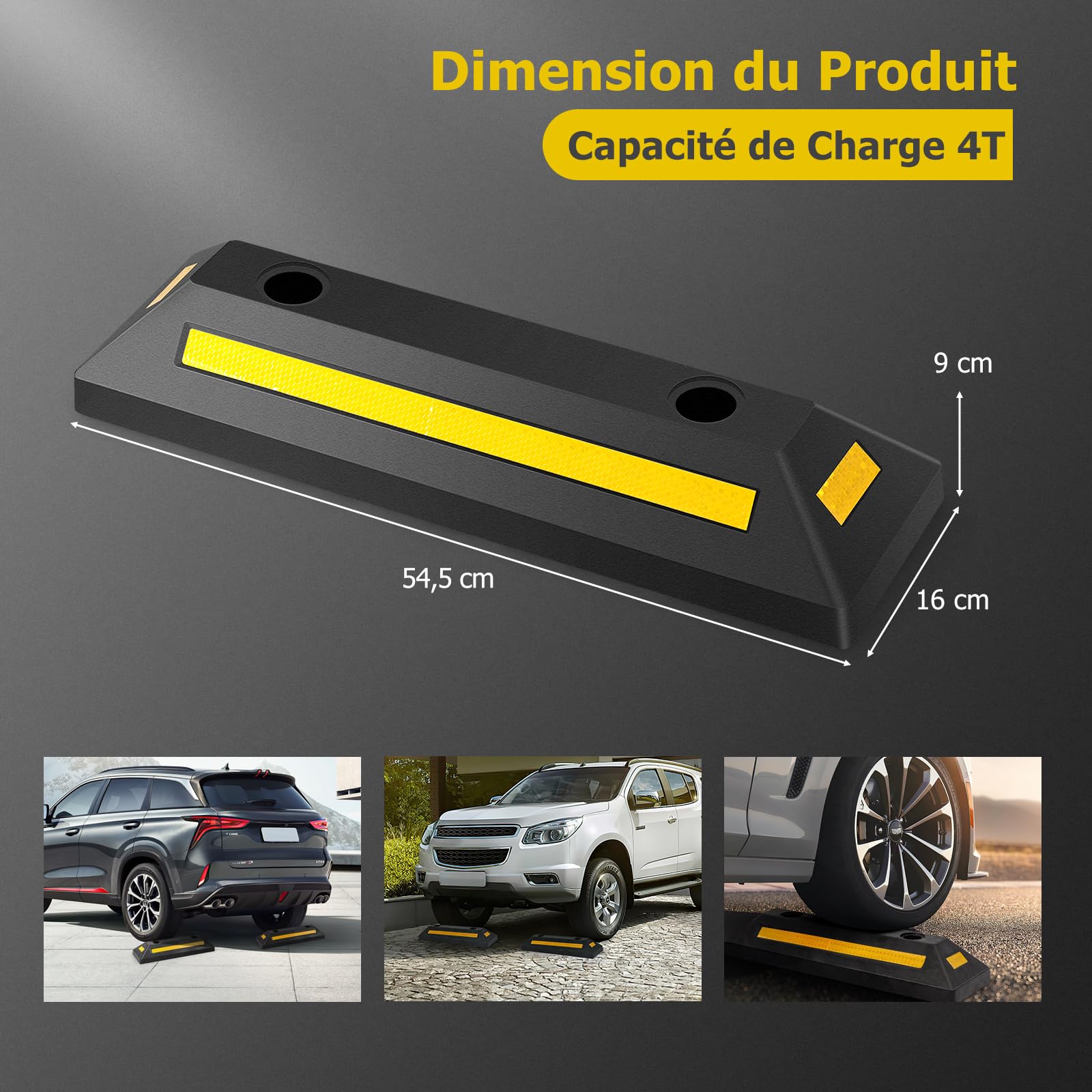 GOPLUS Lot de 2 Butées de Roue pour Stationnement De Véhicule, Caoutchouc Durable et Robuste, Bandes Réfléchissantes, Intérieur Extérieur, pour Pneus de Voiture, Camion, Camionnettes, pour Garage