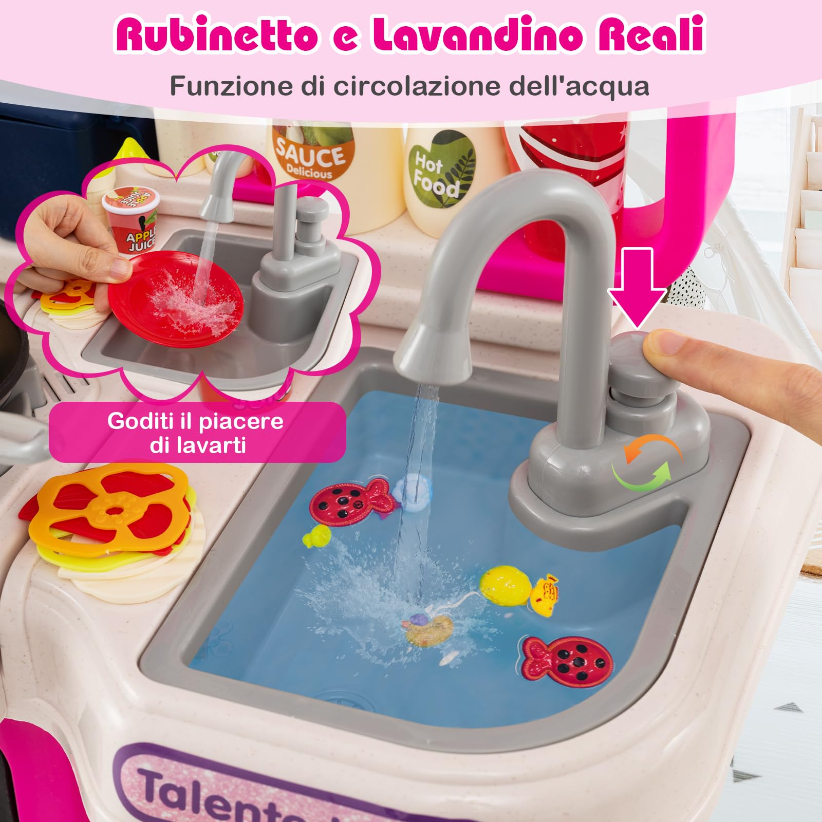 GYMAX Cucina Giocattolo per Bambini, Set Giochi da Cucina con Fornello, Frigorifero, Microonde, Lavello, Rubinetto, Acqua Vapore, Suono e Luce, Gioco di Ruolo con 95 Accessori (Rosa)
