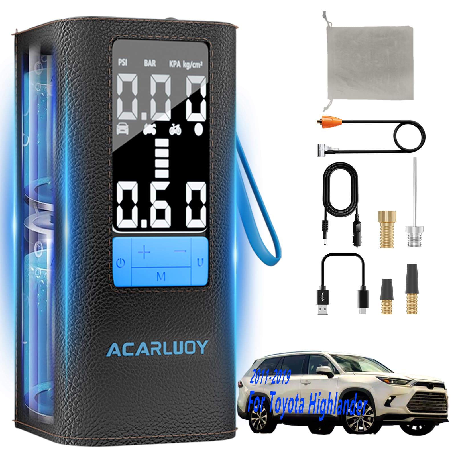 Portable Air Compressor for Car Tires - 3X Faster Inflation Fit for Toyota Highlander 2011-2019 6000mAh Battery LCD
