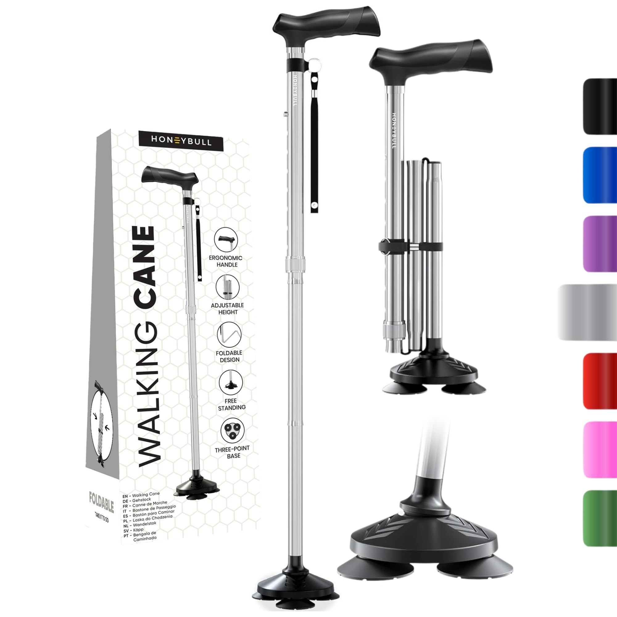 HONEYBULL Walking Cane for Men & Women - Foldable, Adjustable, Collapsible, Free Standing Cane, Pivot Tip, Heavy Duty | Walking Sticks, Folding Canes for Seniors & Adults [Silver]
