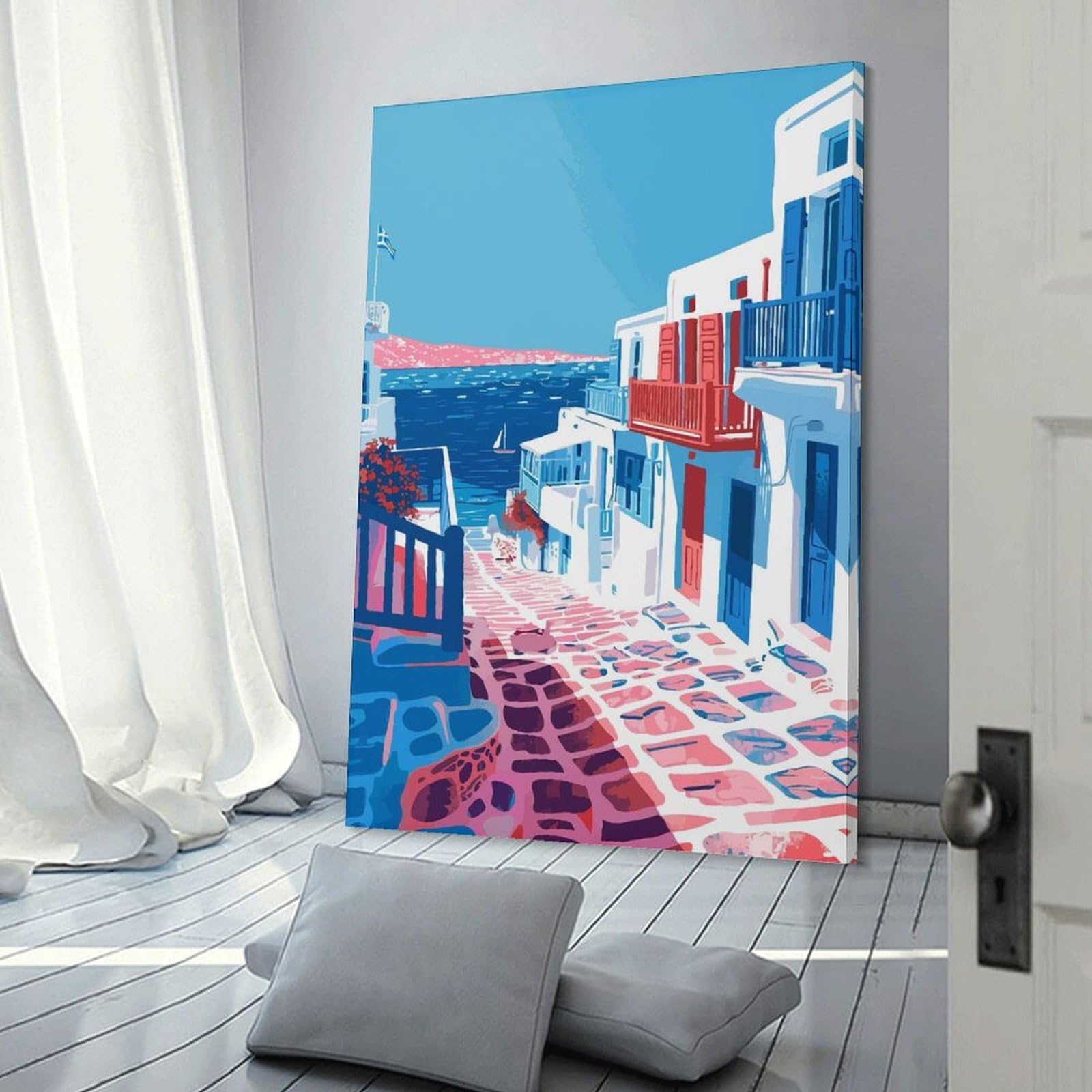 Junmoney Wall Picture Print Greece Village Minimalist, 20x30inch(50x75cm), for Living Room, Bedroom Or Home Office, Thoughtful Wall Decor for Art Lovers