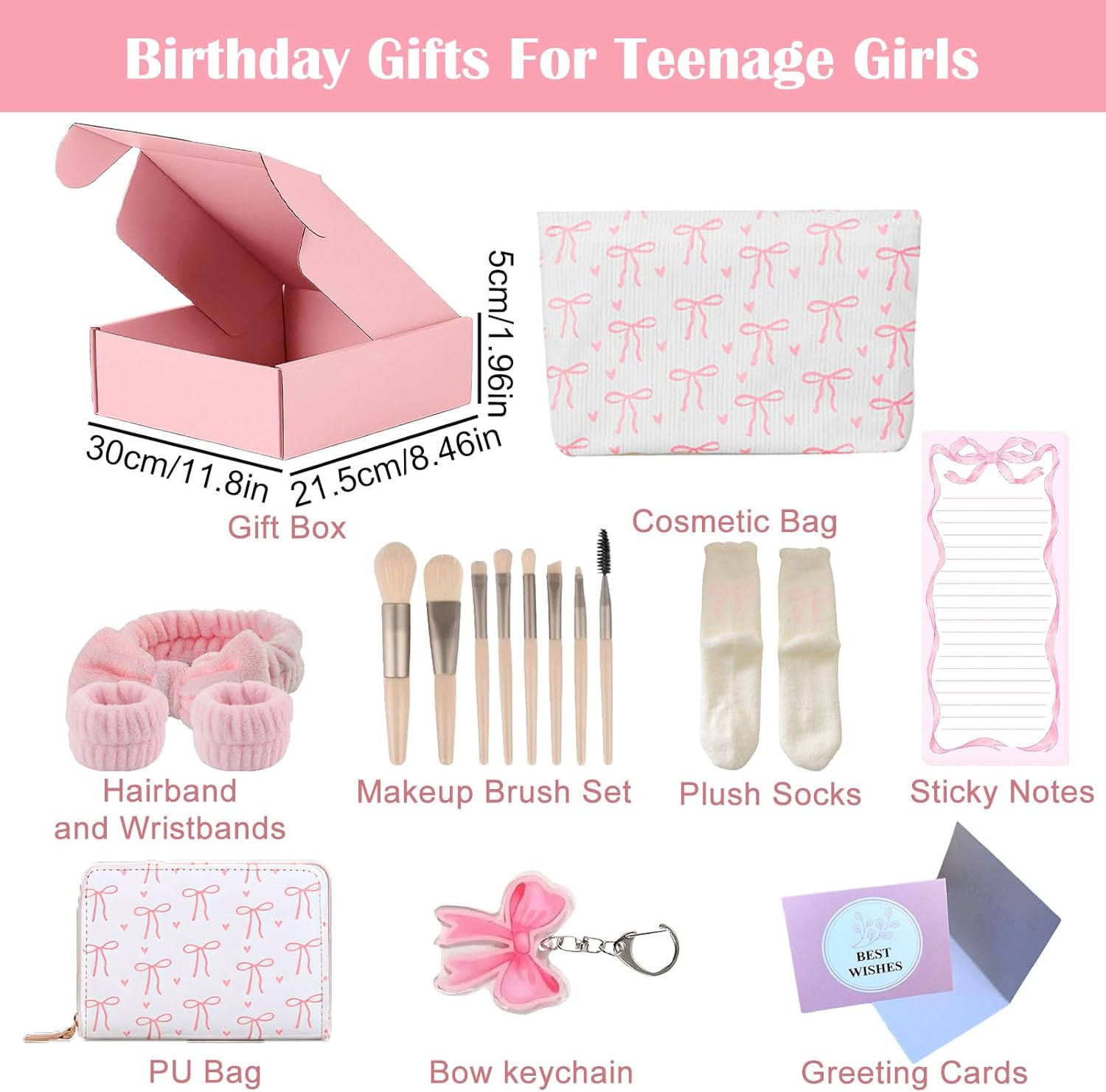 Gifts for Girls Teenagers 9 10 11 12 13 14 15 16 17 18 Years, Make-Up Brush, Cosmetic Bags, Socks, Hair Bands, Key Ring, Greeting Cards and Card Holder, Birthday Gift for Girls