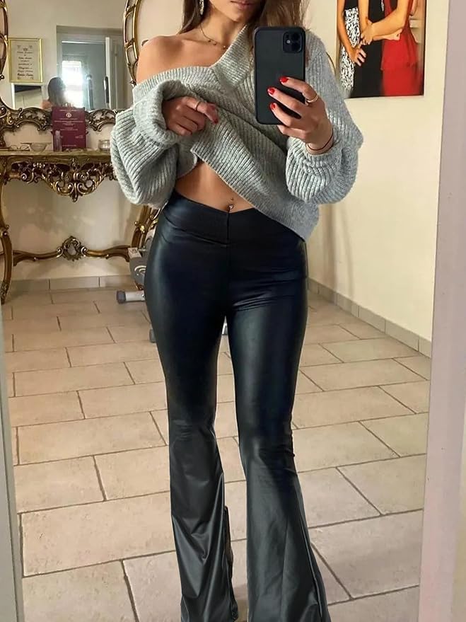 HAWILAND Leren broek voor dames, bootcut, lederen legging, V-hals, hoge taille, flared, leggings, imitatieleer, uitlopende broek, festivaloutfit, zwart, M