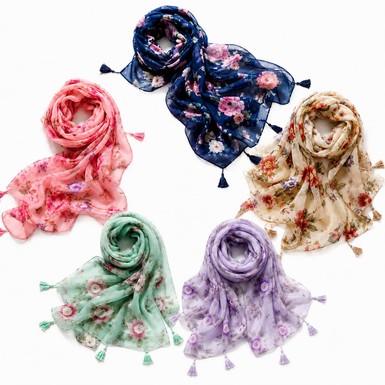 Women's Floral Print Scarf with Tassels Soft Lightweight Viscose Cotton Blend Stoles for Girls & Ladies, Random Colour-image-35