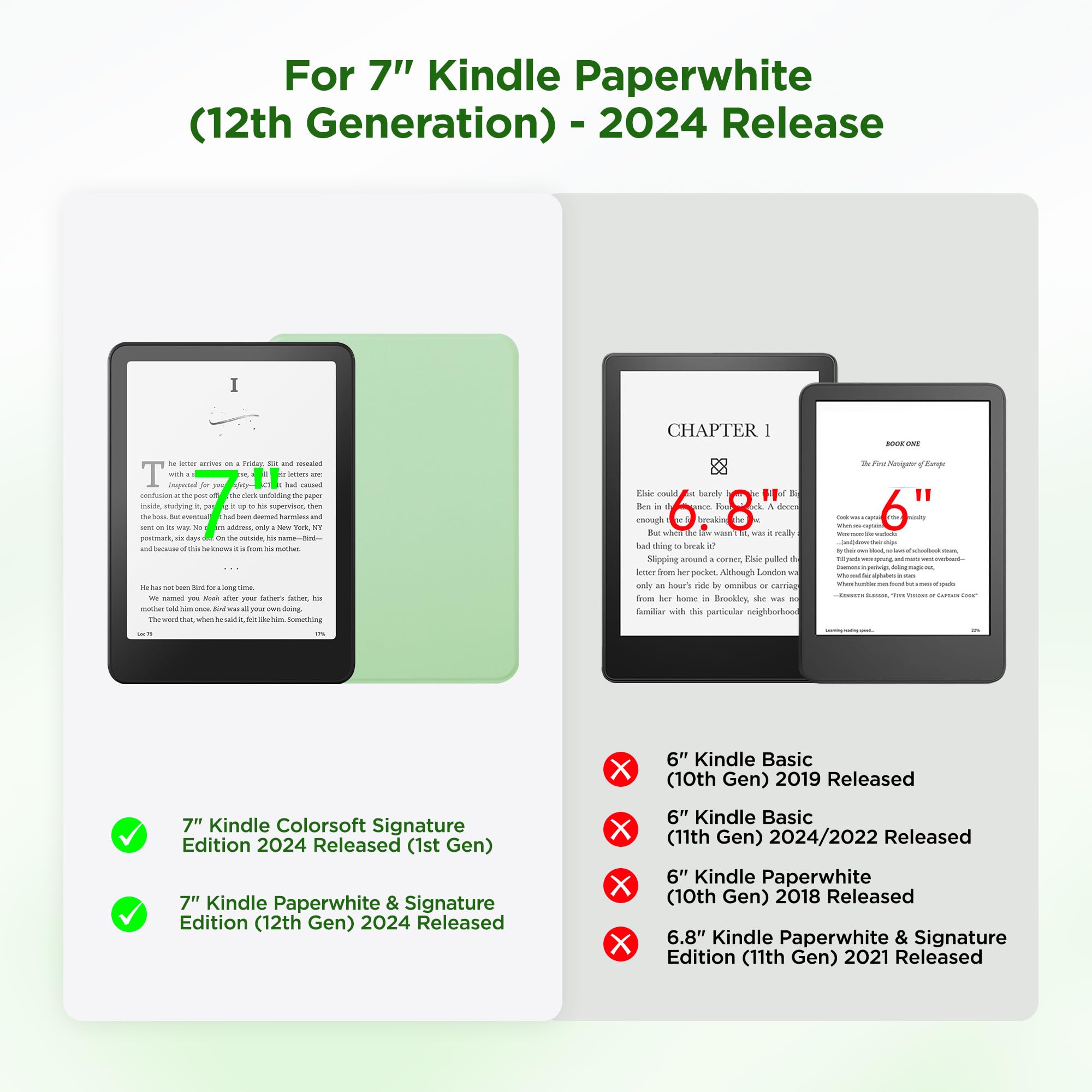 SESENSE Custodia magnetica staccabile per Kindle Paperwhite 12a generazione 2024 e Kindle Colorsoft Signature Edition, custodia sottile in PU con accensione e spegnimento automatico, verde matcha